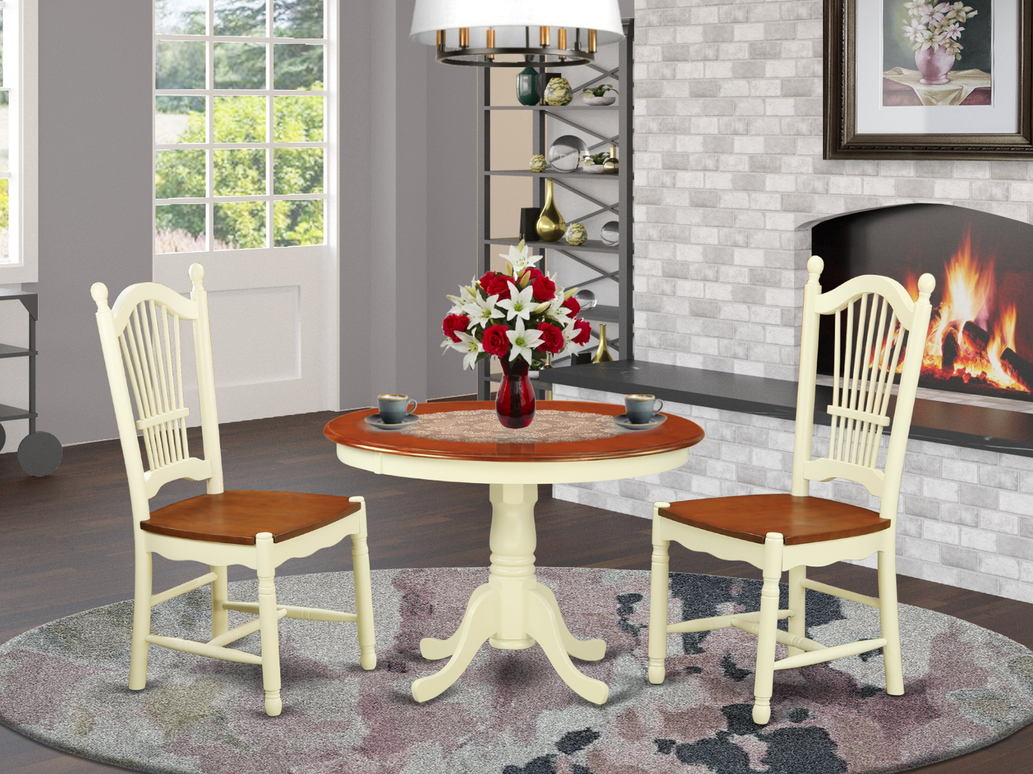 HLDO3-BMK-W 3 Pc set with a Round Small Table and 2 Leather Kitchen Chairs in Buttermilk and Cherry .