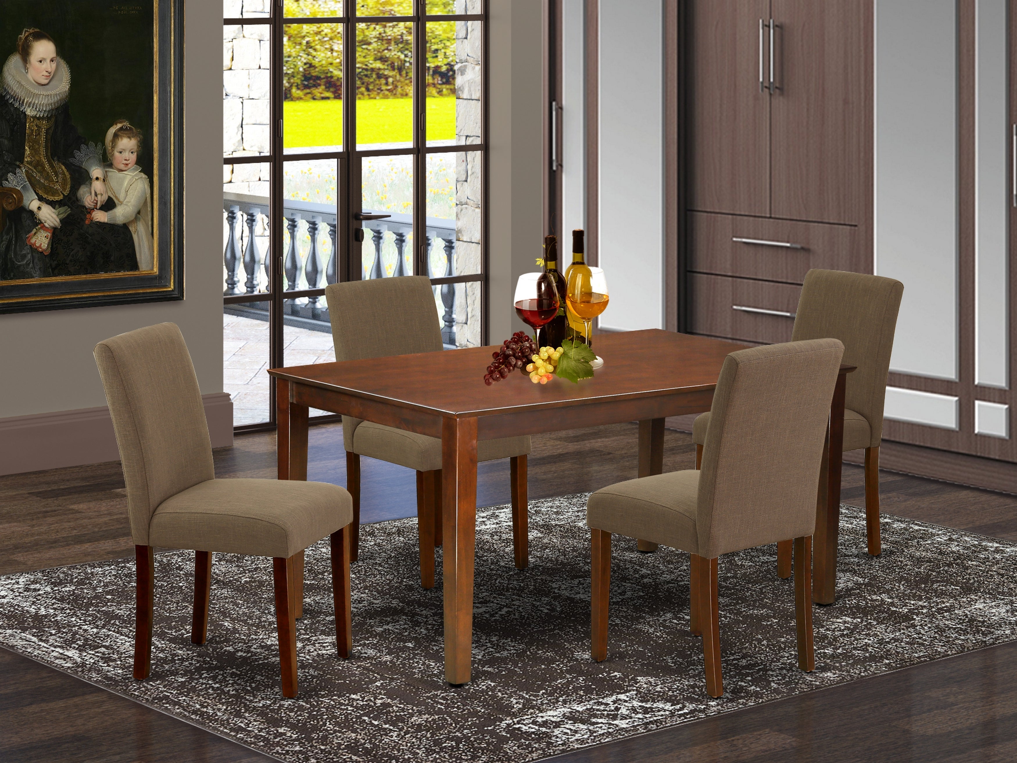 CAAB5-MAH-18 5Pc Rectangle 60" Dining Room Table And 4 Parson Chair With Mahogany Leg And Linen Fabric Coffee