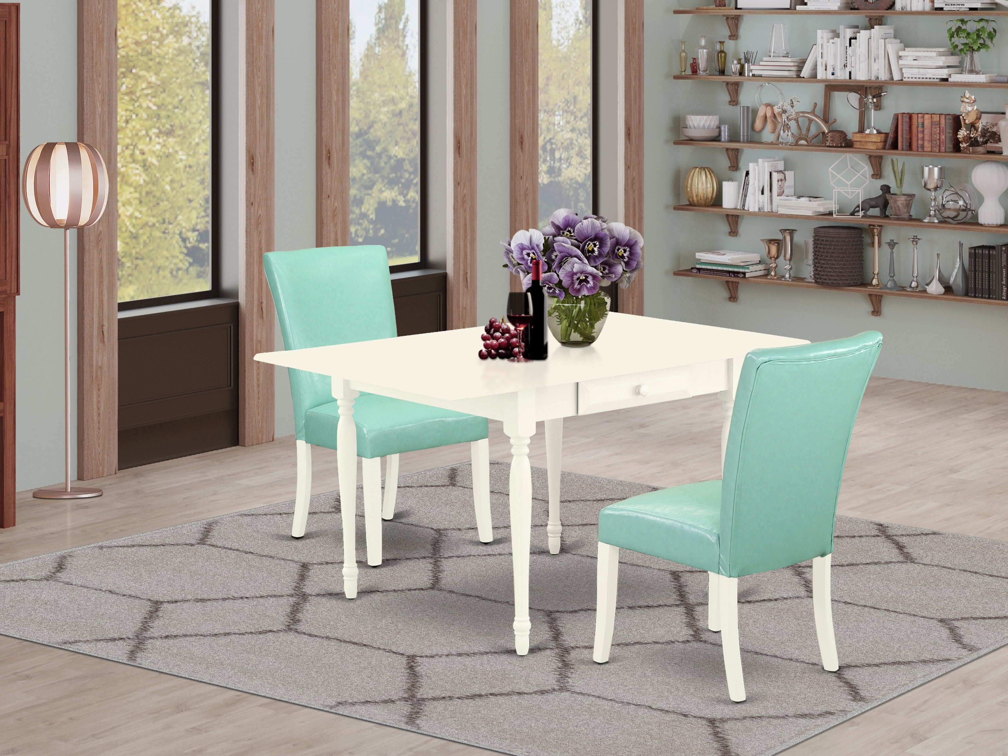 East West Furniture MZAL3-LWH-57 3Pc Dining Room Table Set Consists of a Rectangular Table and 2 Parsons Dining Room Chairs with Pond Color PU Leather, Drop Leaf Table with Full Back Chairs, Linen White Finish