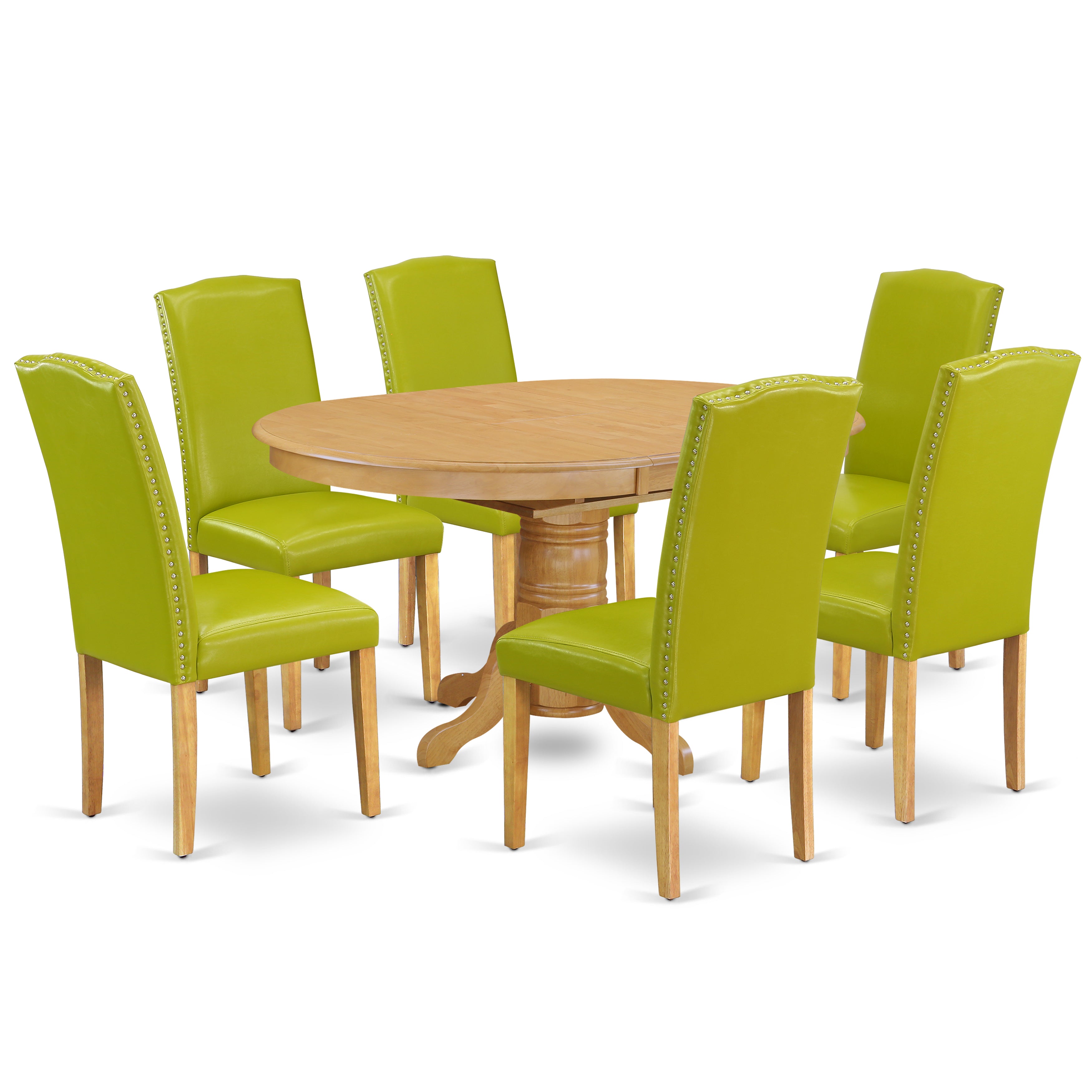 AVEN7-OAK-51 7Pc Oval 42/60" Dinette Table With 18 In Butterfly Leaf And 6 Parson Chair With Oak Leg And Pu Leather Color Autumn Green