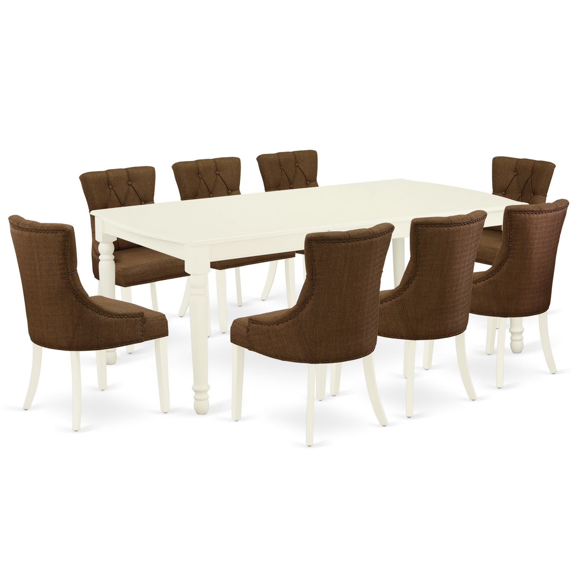 DOFR9-LWH-18 9Pc Dining Set Includes a Rectangle Dinette Table with Butterfly Leaf and Eight Parson Chairs with Dark Coffee Fabric, Linen White Finish