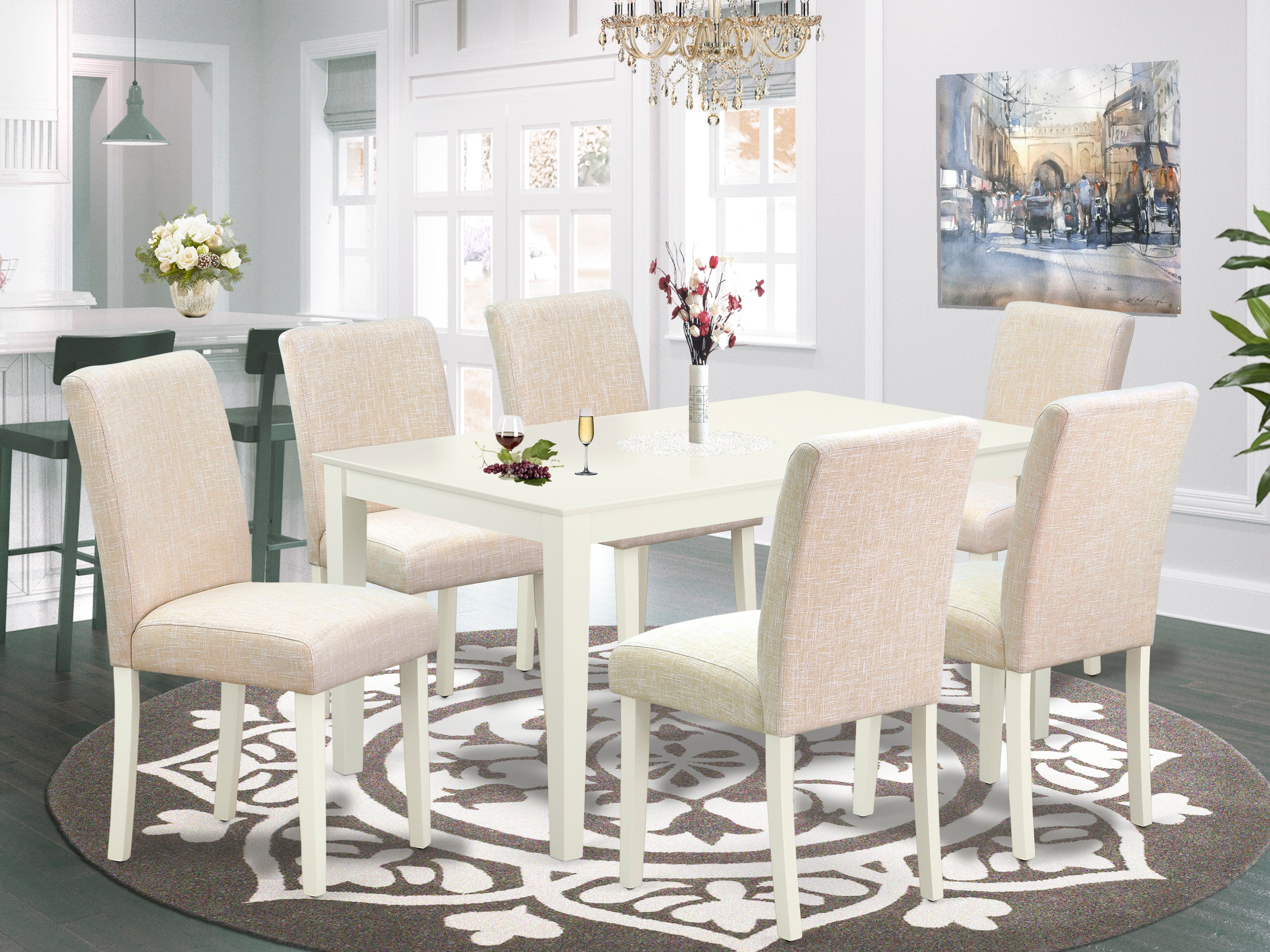 CAAB7-LWH-02 7Pc Rectangle 60" Dining Table And 6 Parson Chair With Linen White Leg And Linen Fabric Light Beige