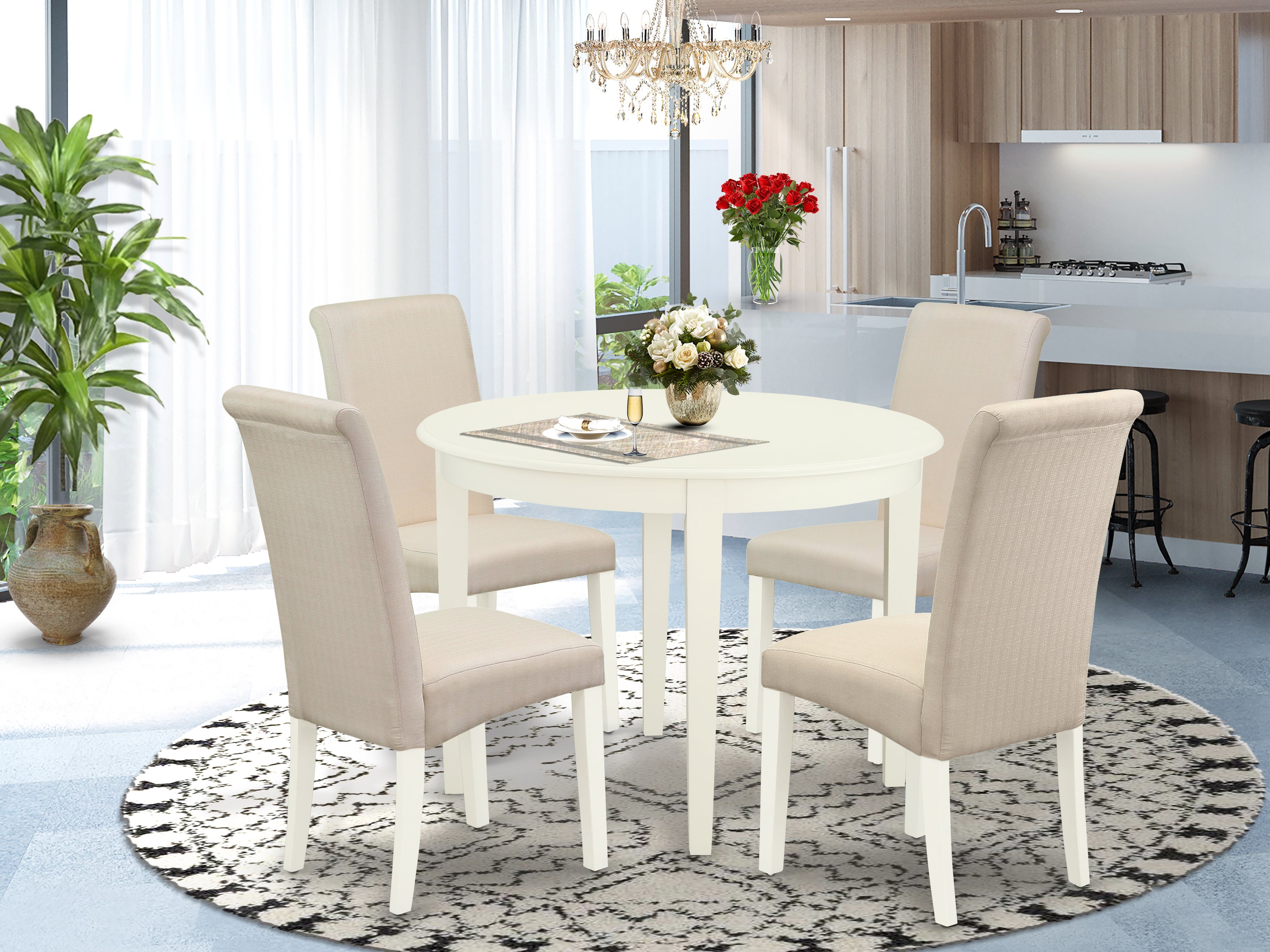 BOBA5-WHI-01 5Pc Dining Set Includes a Small Round Dinette Table and Four Parson Chairs with Cream Fabric, White Finish