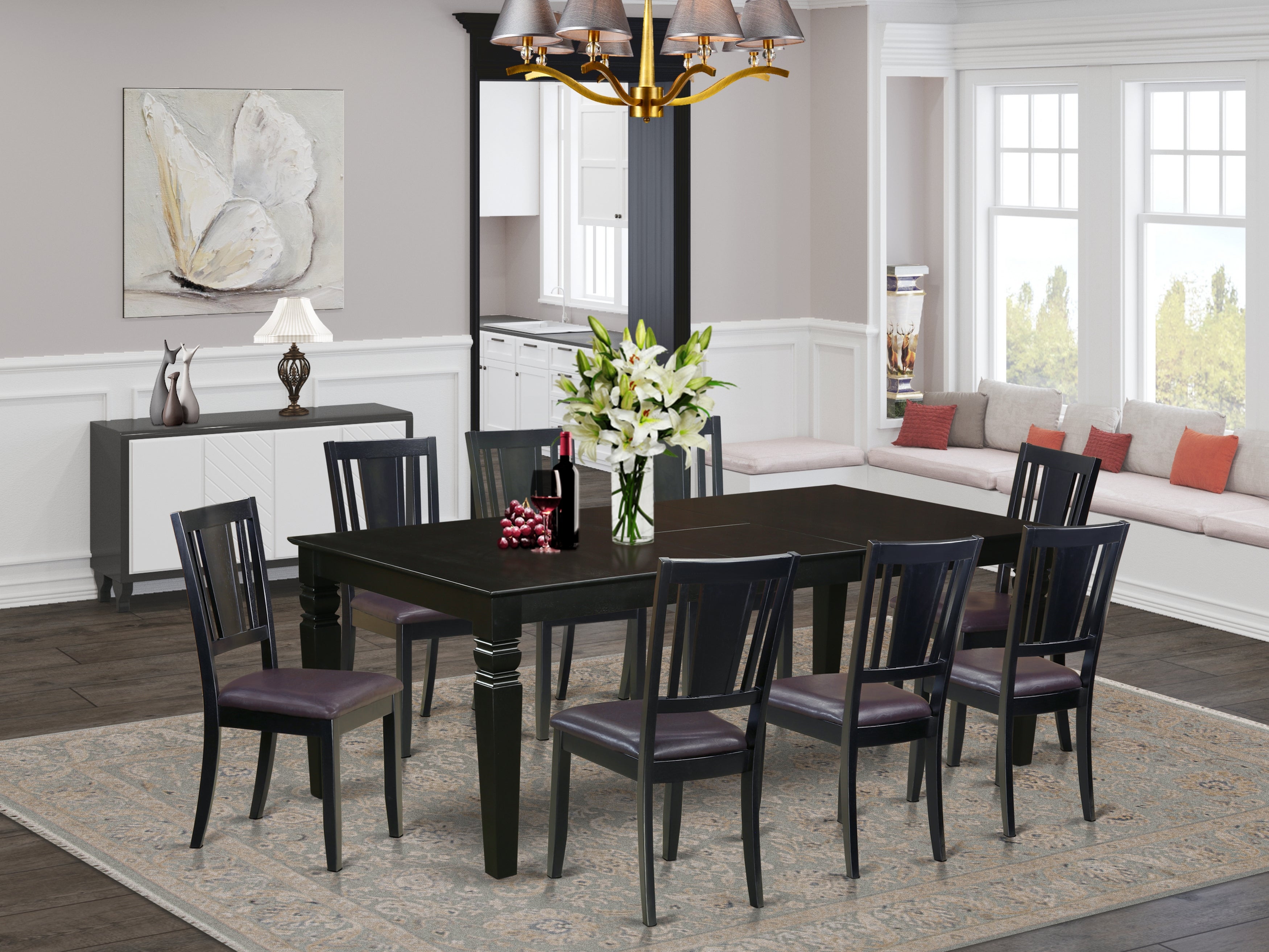 LGDU9-BLK-LC 9 Pc Dinette set with a Dining Table and 8 Leather Dining Chairs in Black