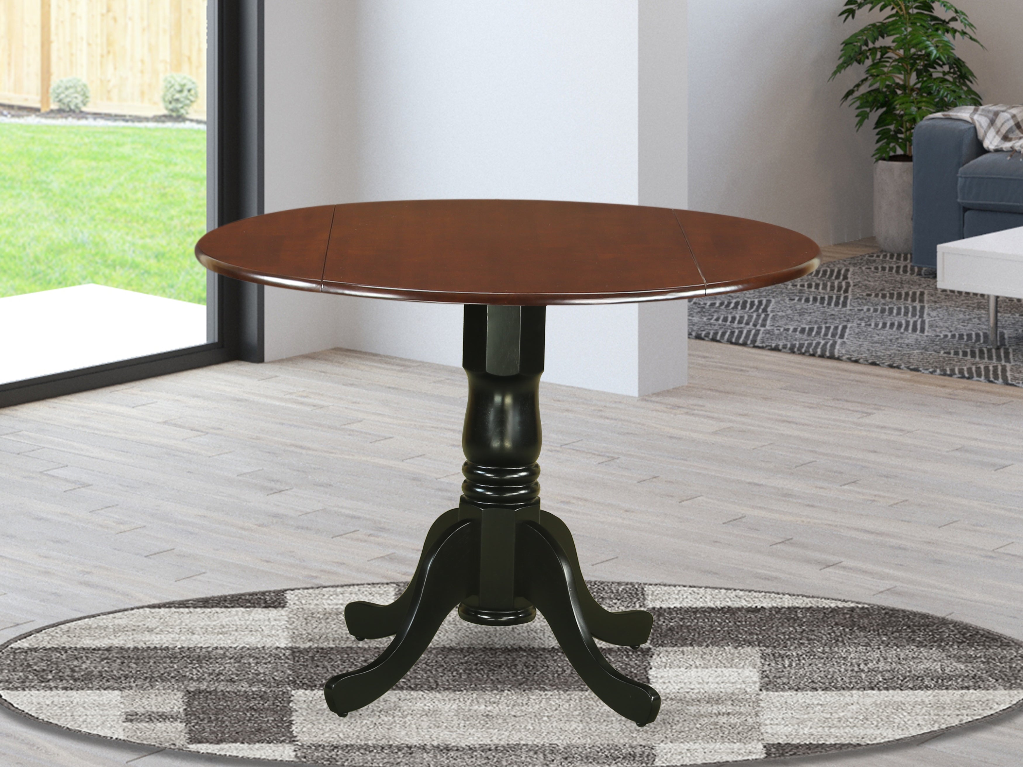 DLT-MBK-TP Dublin Round Table with two 9" Drop Leaves in Mahogany and Black Finish