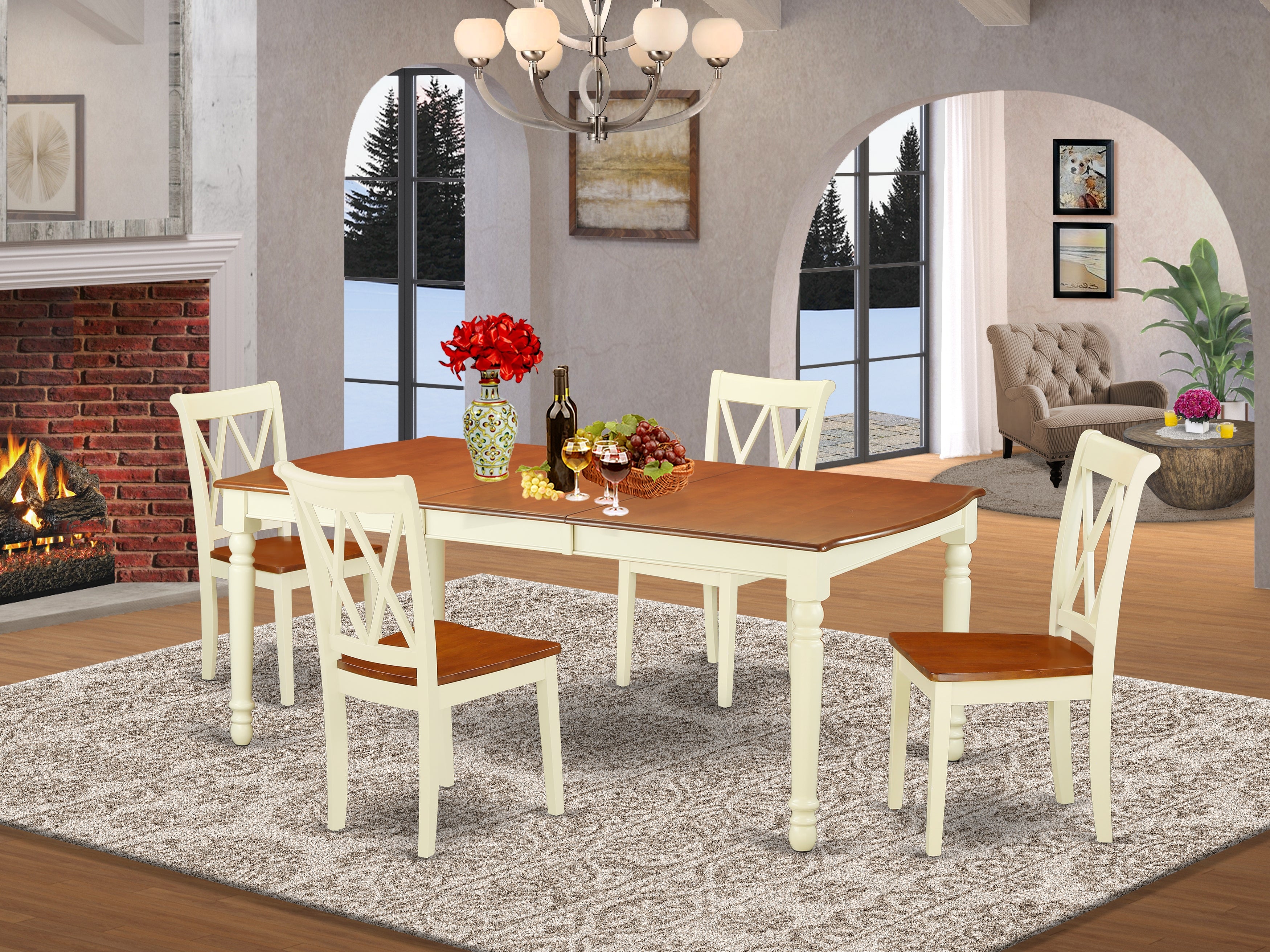 DOCL5-BMK-W 5PC Rectangular 60/78 inch Table with 18 In Leaf and 4 Double X back Chairs