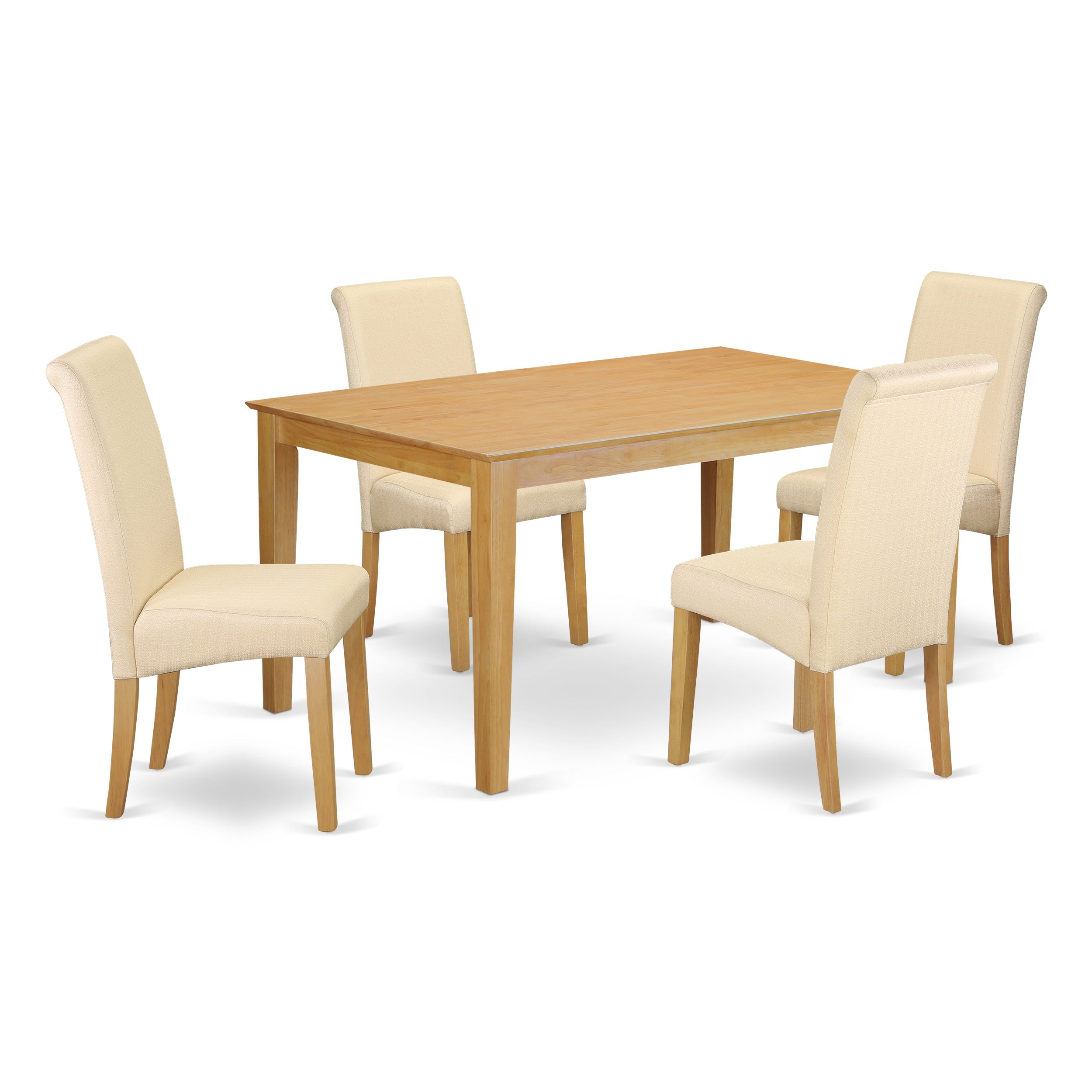 CABA5-OAK-02 5Pc Dining table with linen beige fabric Parson chairs with oak chair legs