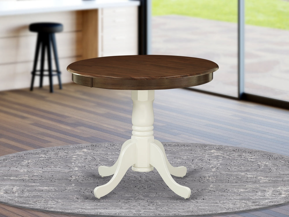 AMT-WLW-TP Antique Dining Table Made of Rubber Wood offering Walnut Finish Table Top, 36 Inch Round, Linen White Pedestal