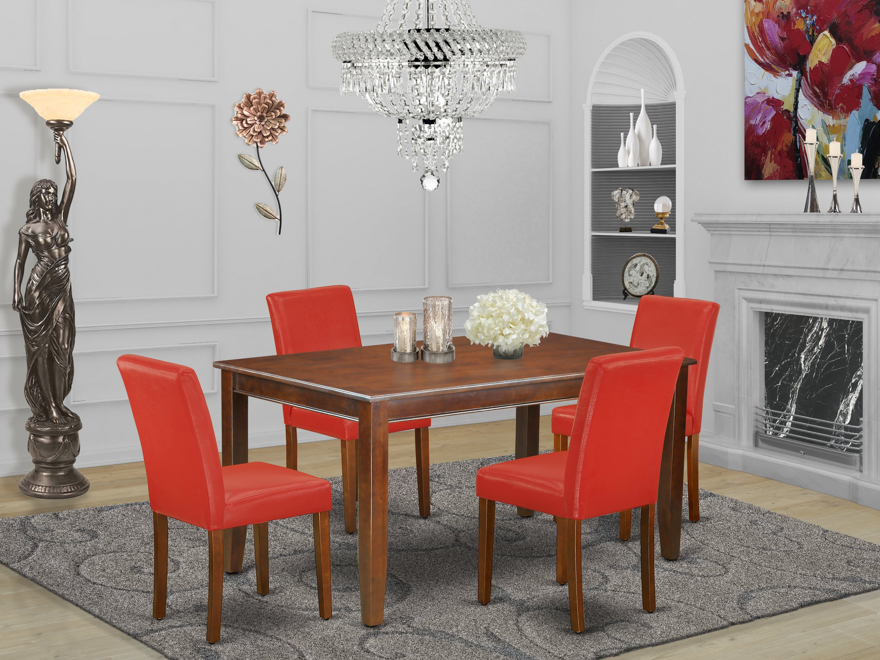 DUAB5-MAH-72 5Pc Rectangle 60 Inch Dining Table And Four Parson Chair With Mahogany Leg And Pu Leather Color Firebrick Red