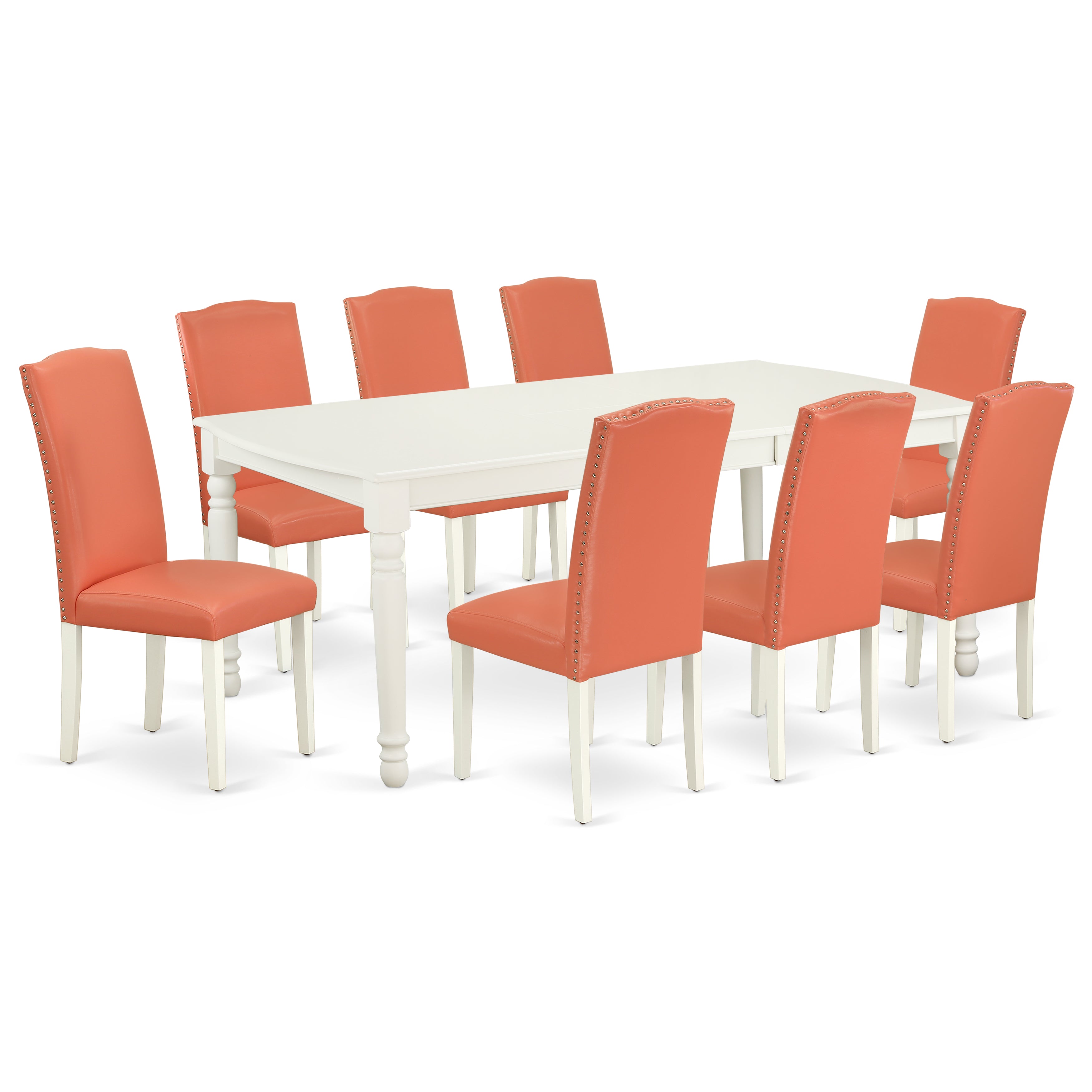 DOEN9-LWH-78 9Pc Rectangle 60/78 Inch Dining Table With 18 In Leaf And 8 Parson Chair With Linen White Leg And Pu Leather Color Pink Flamingo