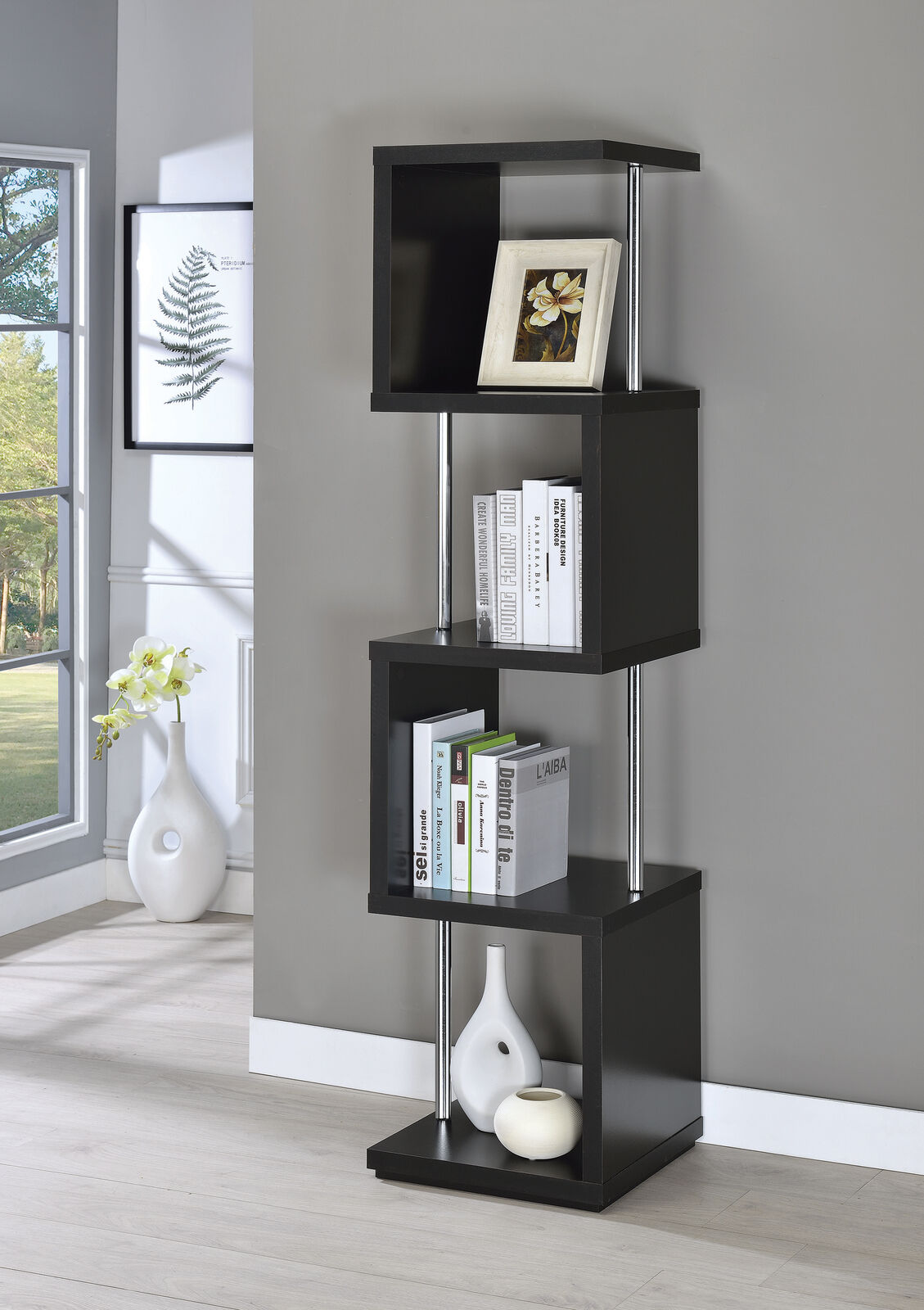 Geometric 4- Shelf Asymmetrical Bookcase Black And Chrome