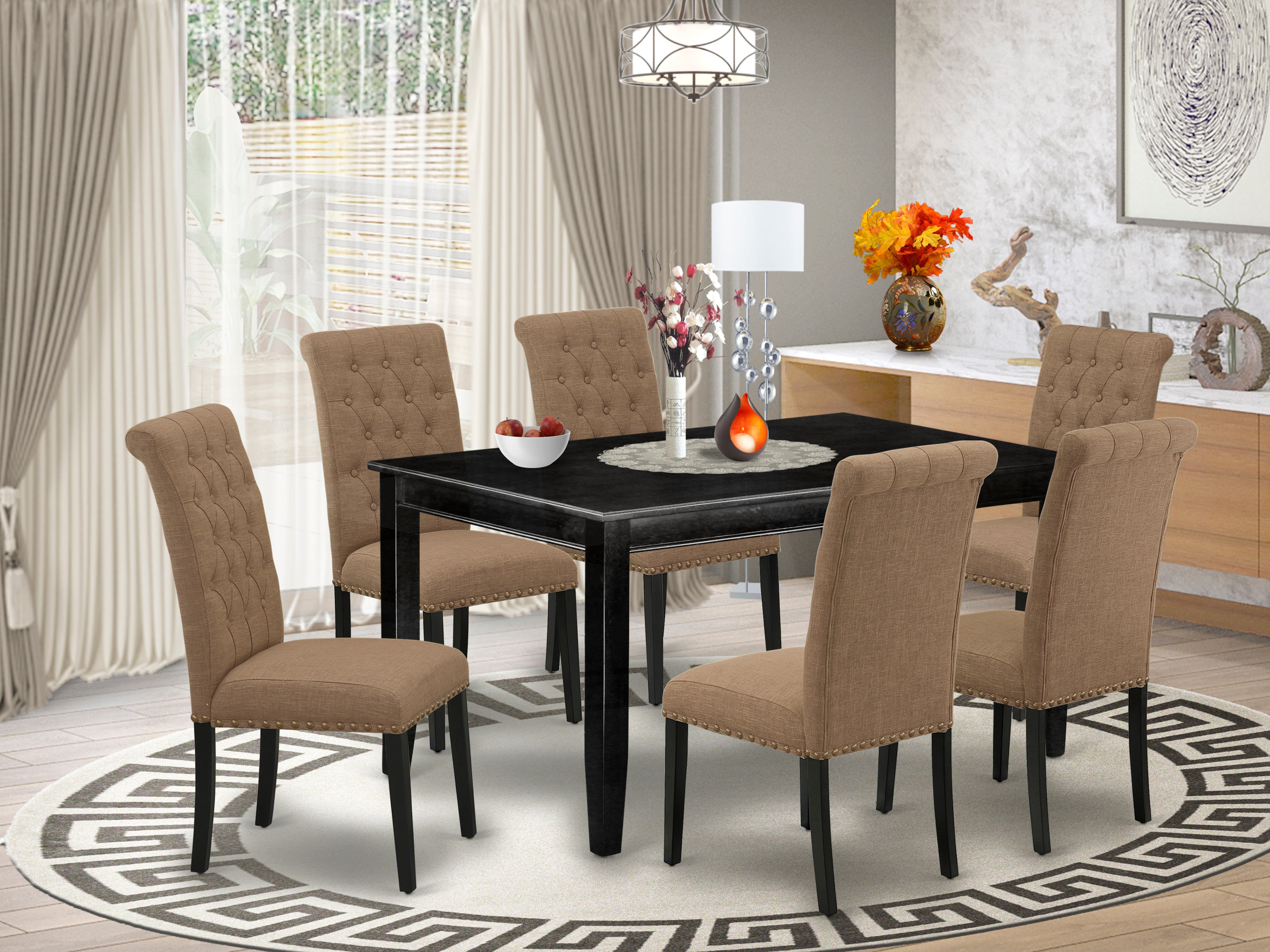 DUBR7-BLK-17 7Pc Dinette Set Includes a Rectangular Kitchen Table and Six Parson Chairs with Light Sable Fabric, Black Finish