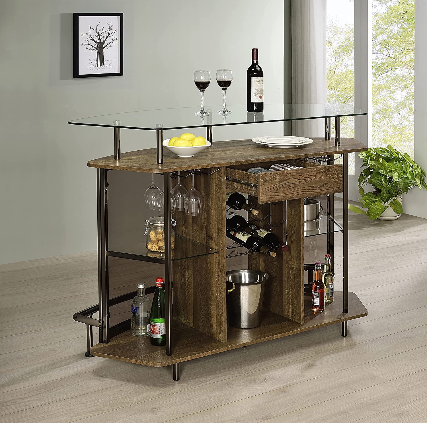 Crescent Shaped Glass Top Bar Unit With Drawer