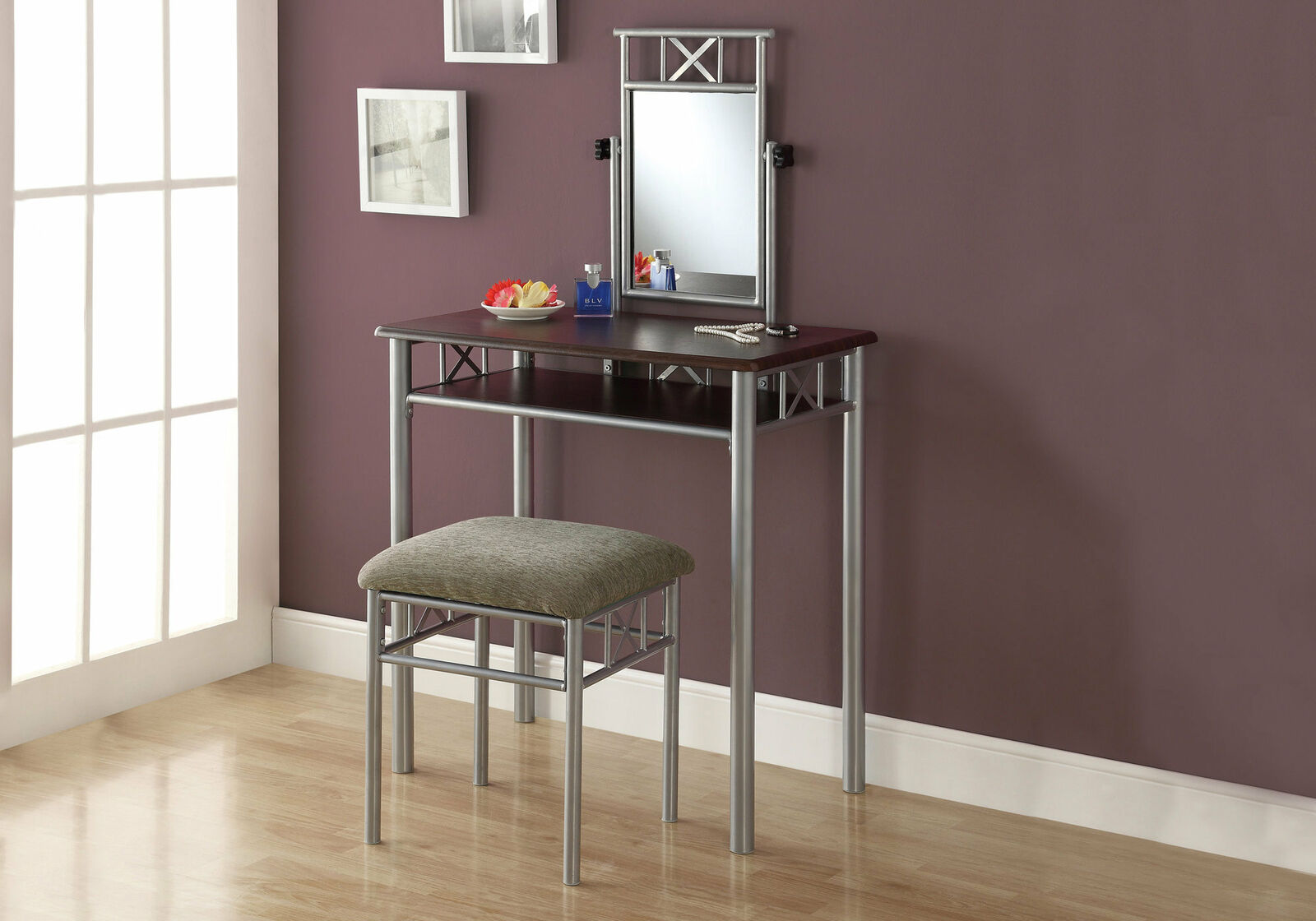 Monarch Metal Cappuccino Silver Makeup Vanity Dressing Table Set I3072