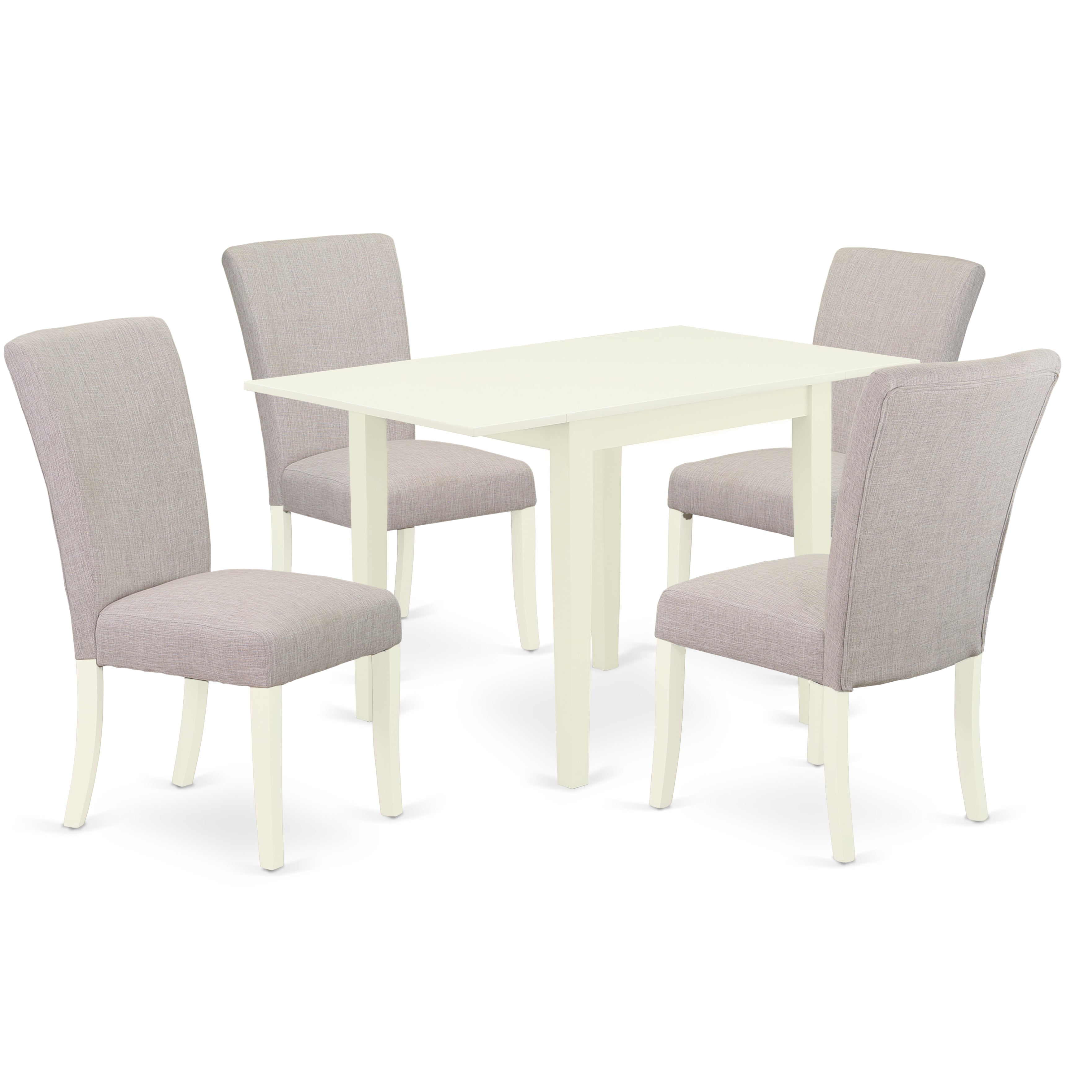 East West Furniture NDAL5-LWH-05 Dining Room Table Set 5 Pc - Four Parson Chairs and a Kitchen Table - Linen White Finish Wood - Doeskin Color Linen Fabric