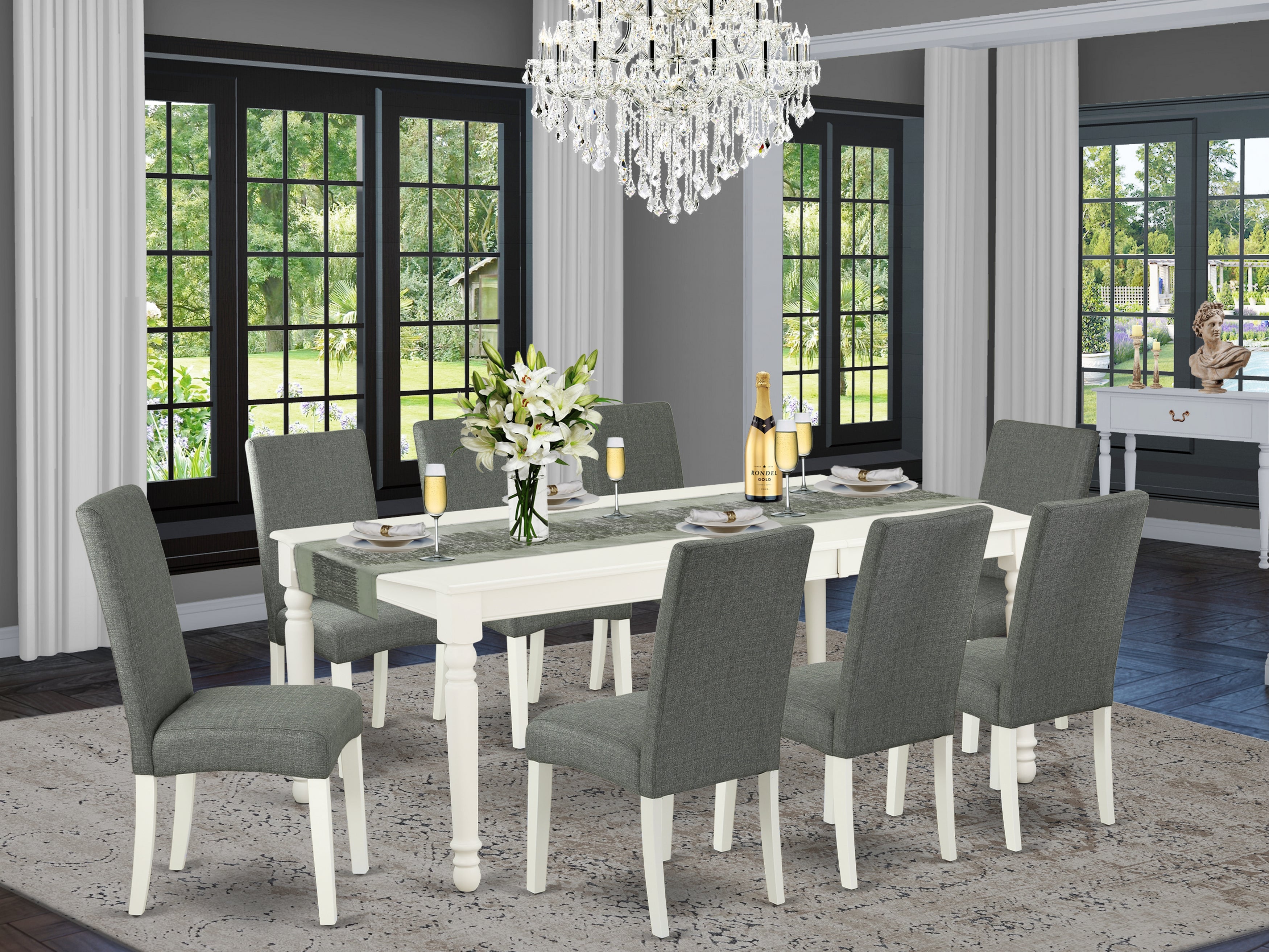 DODR9-LWH-07 9Pc Rectangle 60/78 Inch Dining Table With 18 In Leaf And 8 Parson Chair With Linen White Finish Leg And Linen Fabric- Gray Color