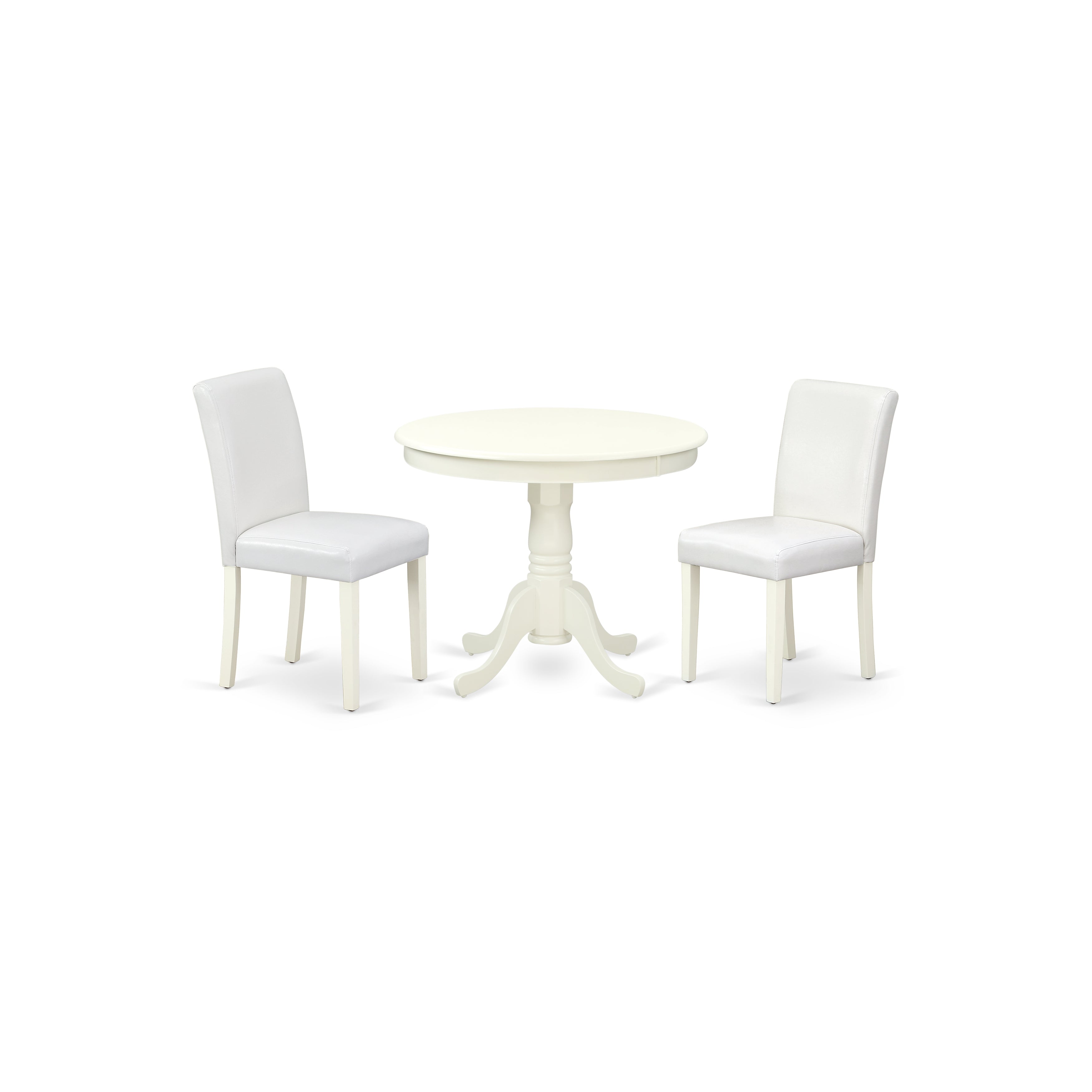 ANAB3-LWH-64 3Pc Rounded 36 Inch Dinette Table And Two Parson Chair With Linen White Leg And Pu Leather Color White