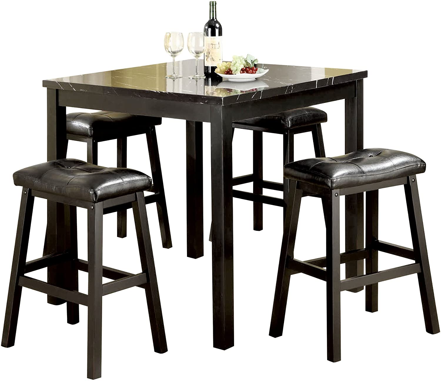 Marble Like Counter Height 5-Piece Dining Table and Stool Set in Black