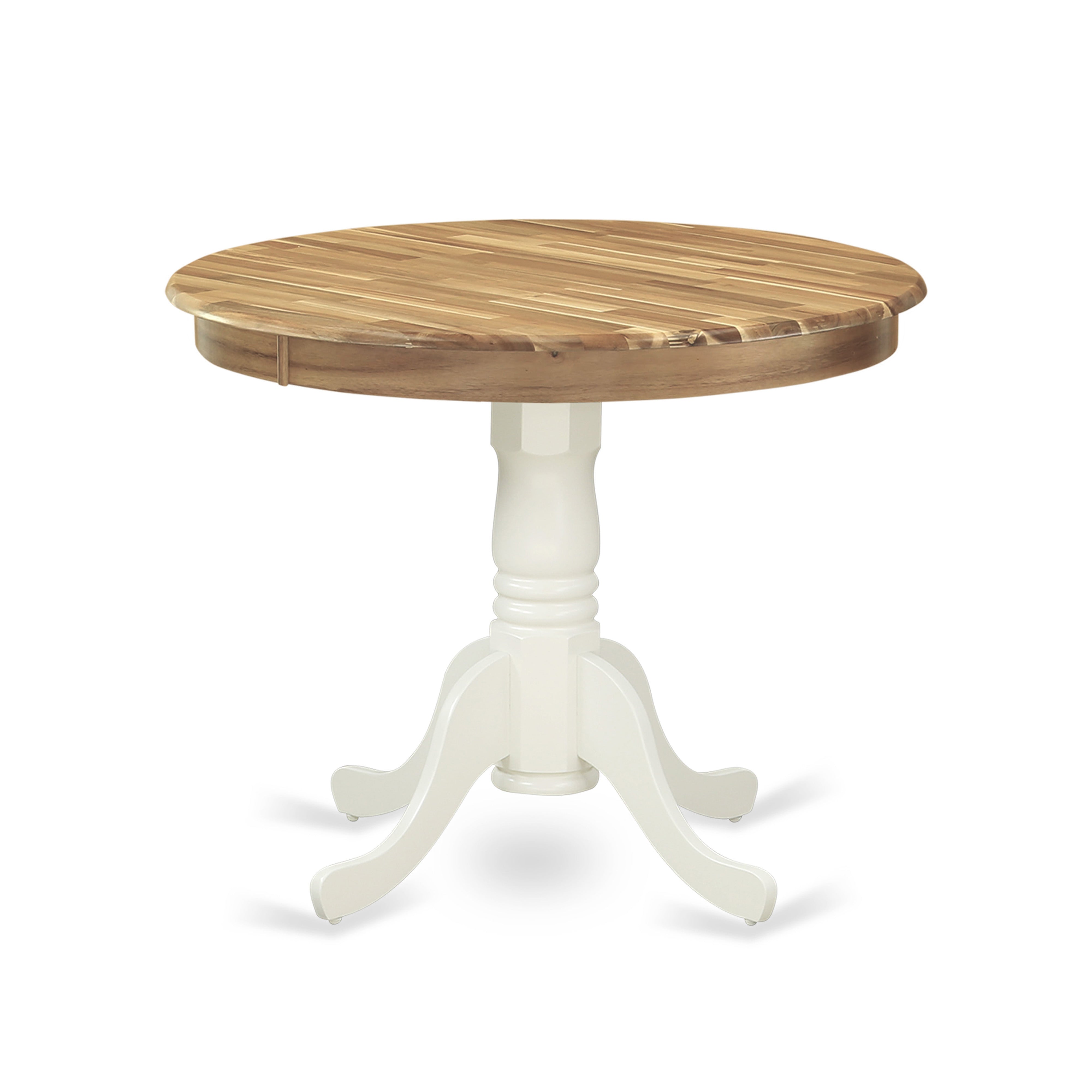 AMT-NLW-TP Antique Dining Table Made of Acacia Wood offering Wood Texture Table Top, 36 Inch Round, Linen White Pedestal