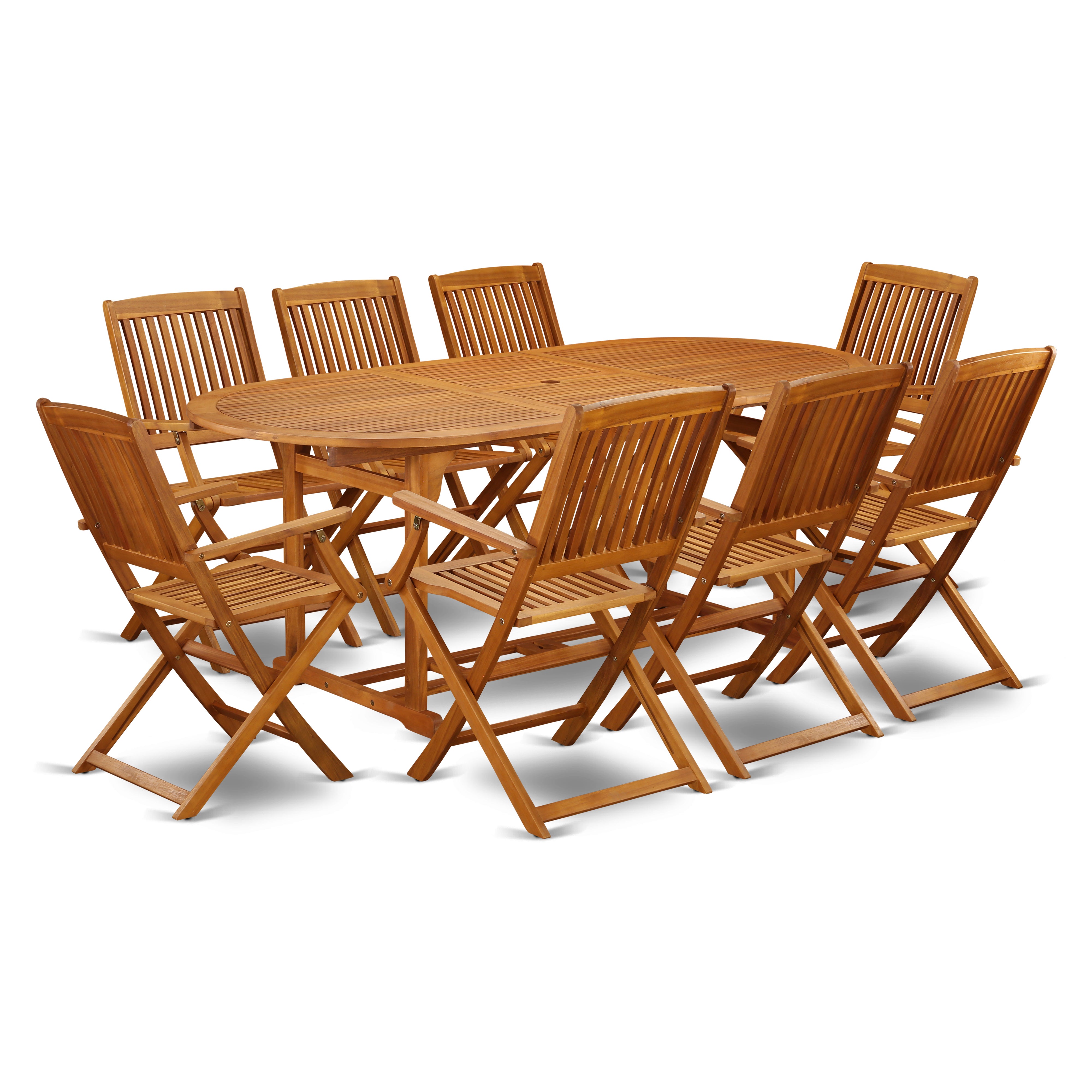 BSCM9CANA This 9 Pc Acacia Wood Patio Sets provides you one Outdoor-Furniture table and Eight foldable Outdoor-Furniture chairs