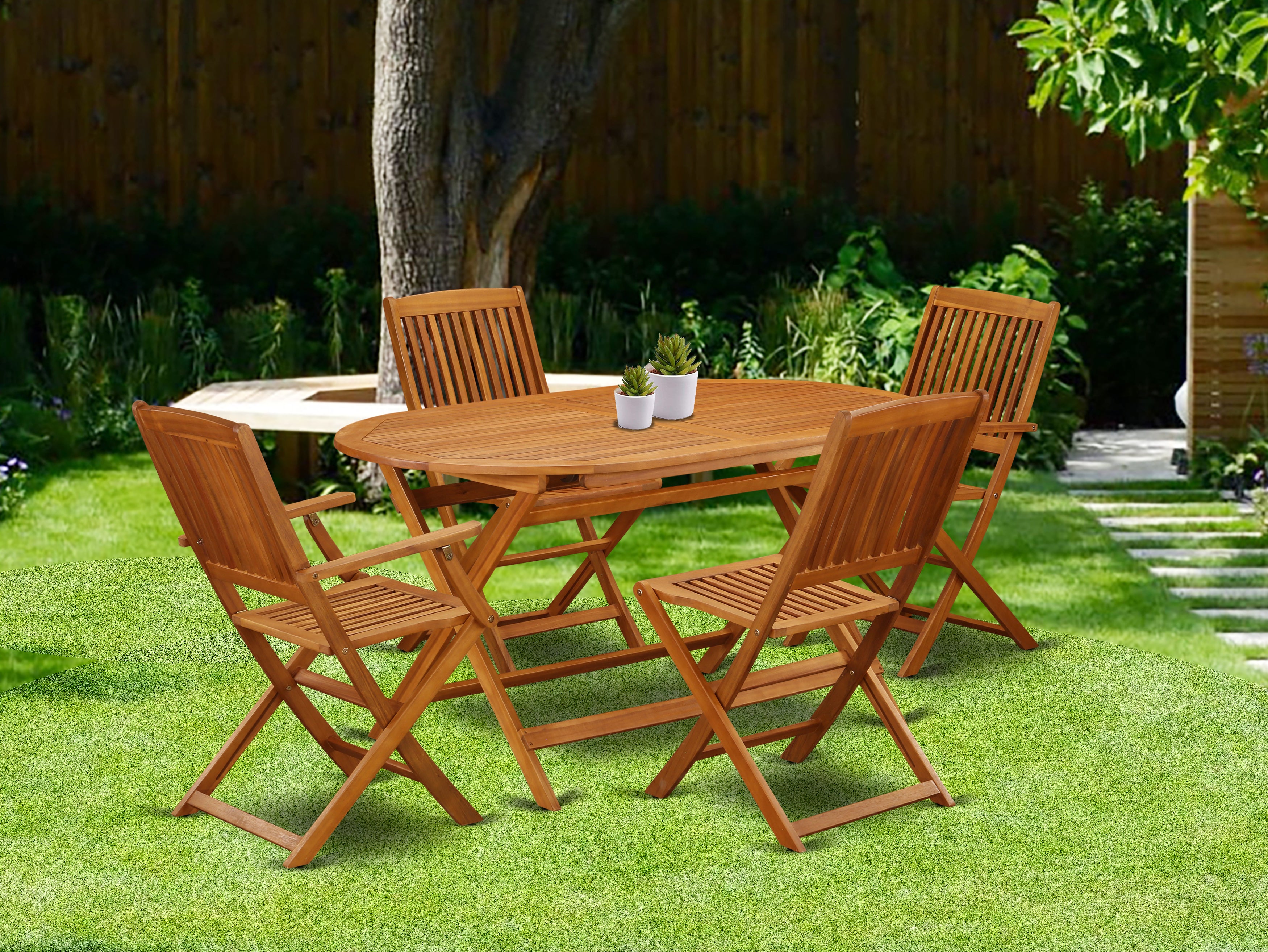 DICM52CANA This 5 Piece Acacia Hardwood Outdoor-Furniture patio Sets provides you one particular Outdoor-Furniture table and four patio dining chairs