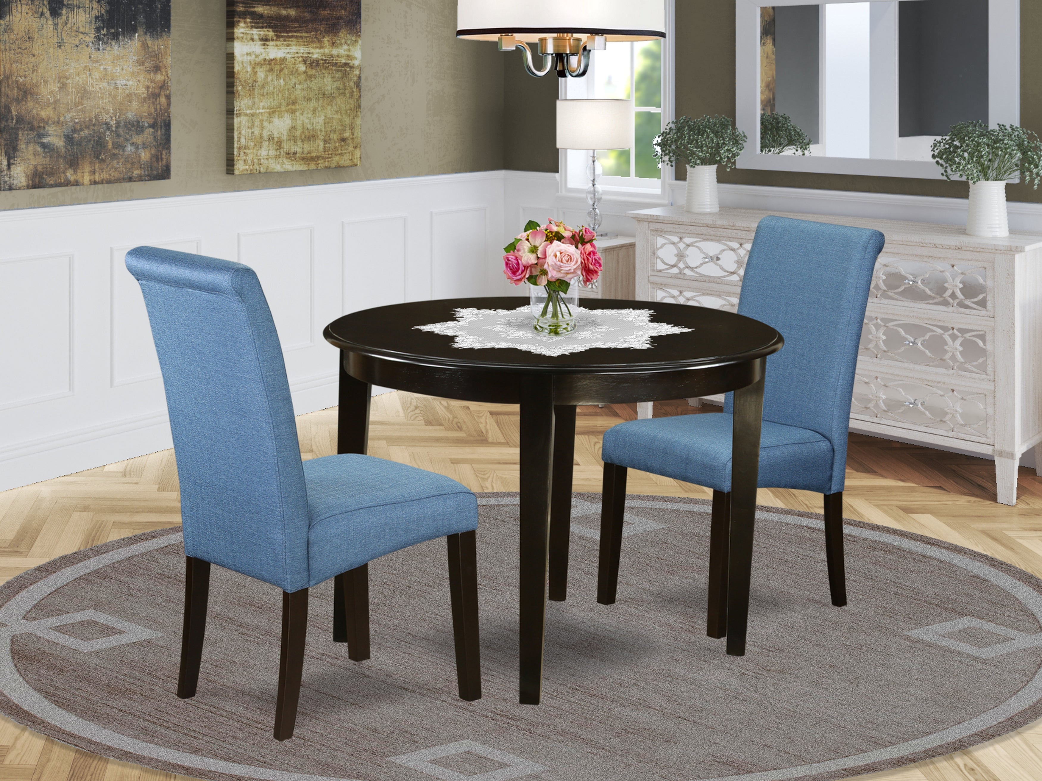 BOBA3-CAP-21 3Pc Small Round table with linen Blue fabric Parson chairs with cappuccino chair legs