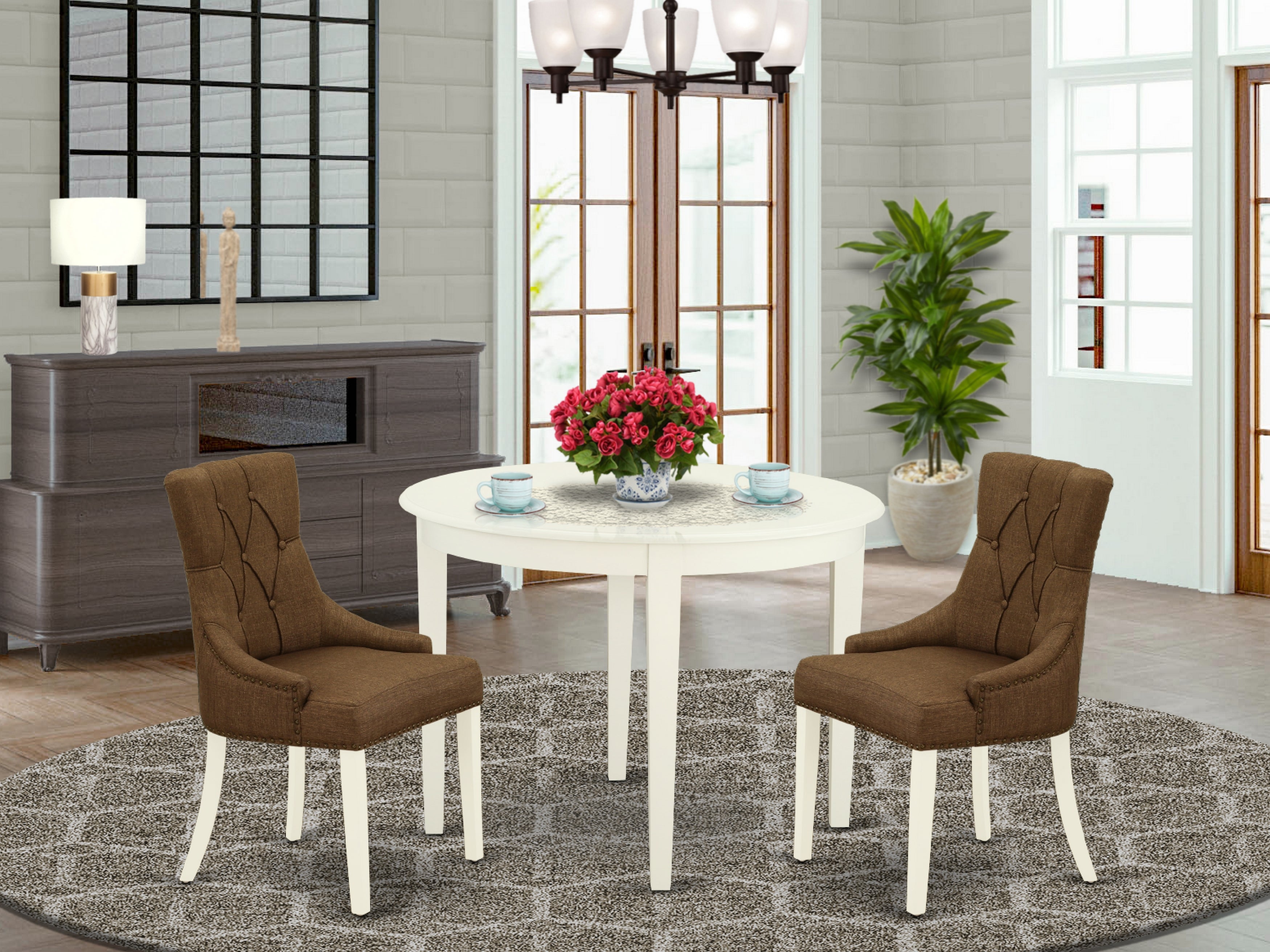 BOFR3-WHI-18 3Pc Dinette Set Includes a Small Rounded Kitchen Table and Two Parson Chairs with Dark Coffee Fabric, White Finish