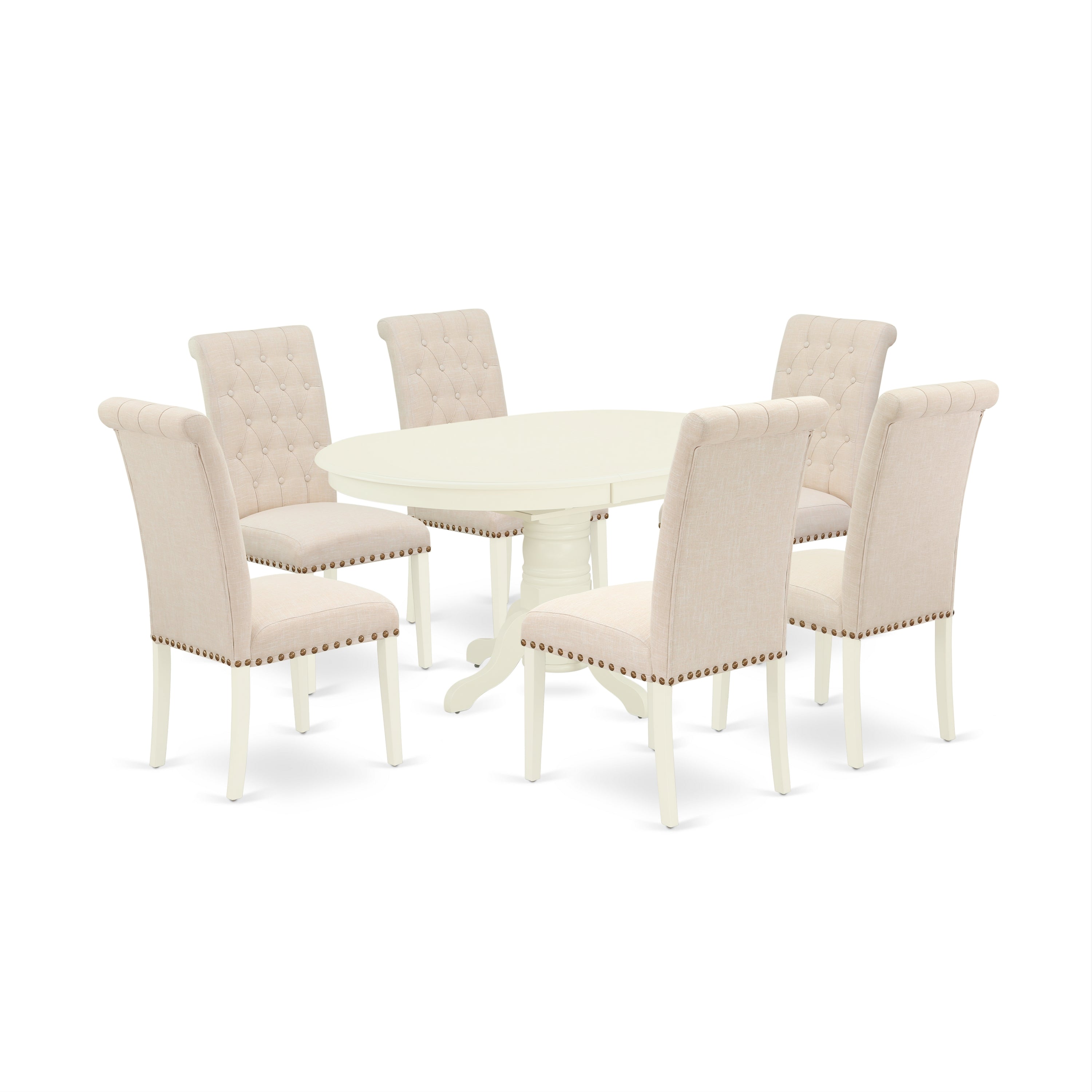 AVBR7-LWH-02 7Pc Dinette Set Includes an Oval Kitchen Table with Butterfly Leaf and Six Parson Chairs with Light Beige Fabric, Linen White Finish