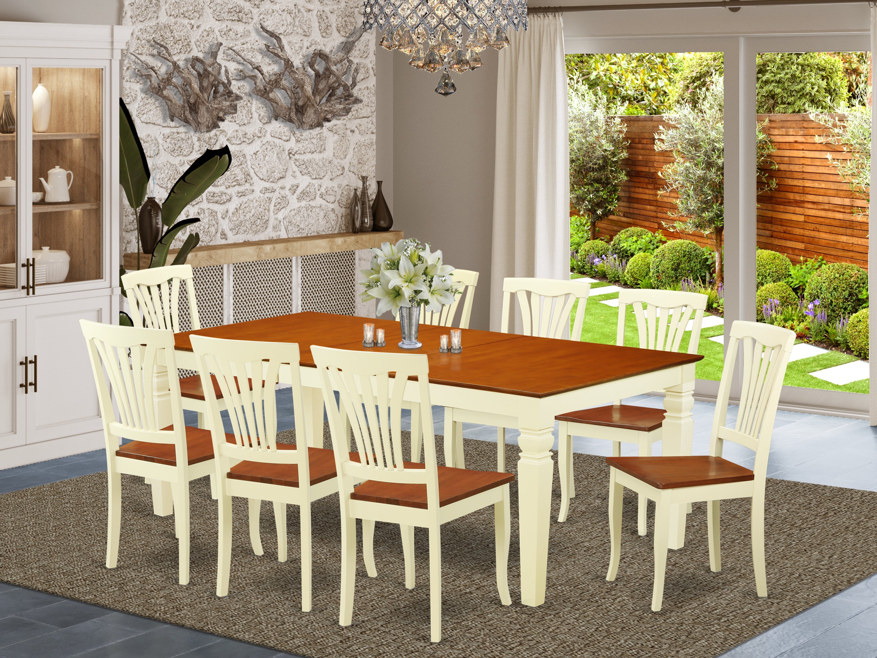 LGAV9-BMK-W 9 PC Dinette Table set with a Table and 8 Dining Chairs in Buttermilk and Cherry