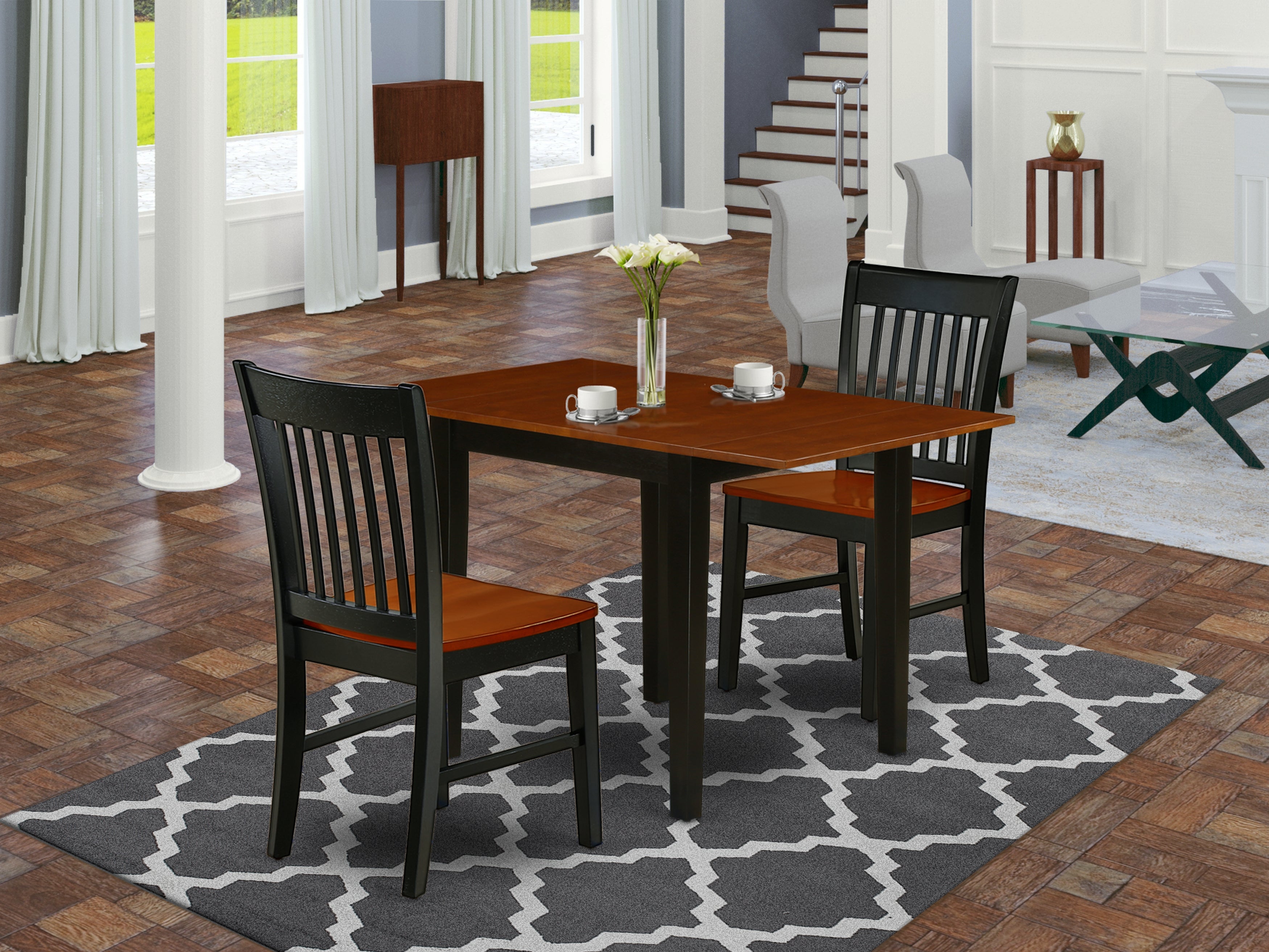 East West Furniture NDNO3-BCH-W 3Pc Kitchen Table Set Offers a Small Kitchen Table and 2 Wooden Dining Chairs with Solid Wood Seat and Slat back, Black and Cherry Finish