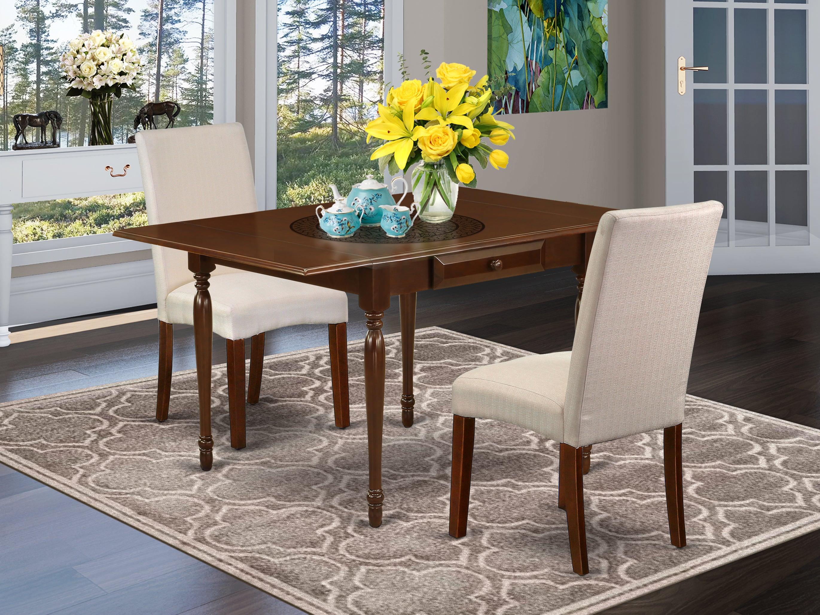East West Furniture MZDR3-MAH-01 3Pc Dining Room Table Set Contains a Dining Table and 2 Parson Dining Chairs with Cream Color Linen Fabric, Drop Leaf Table with Full Back Chairs, Mahogany Finish