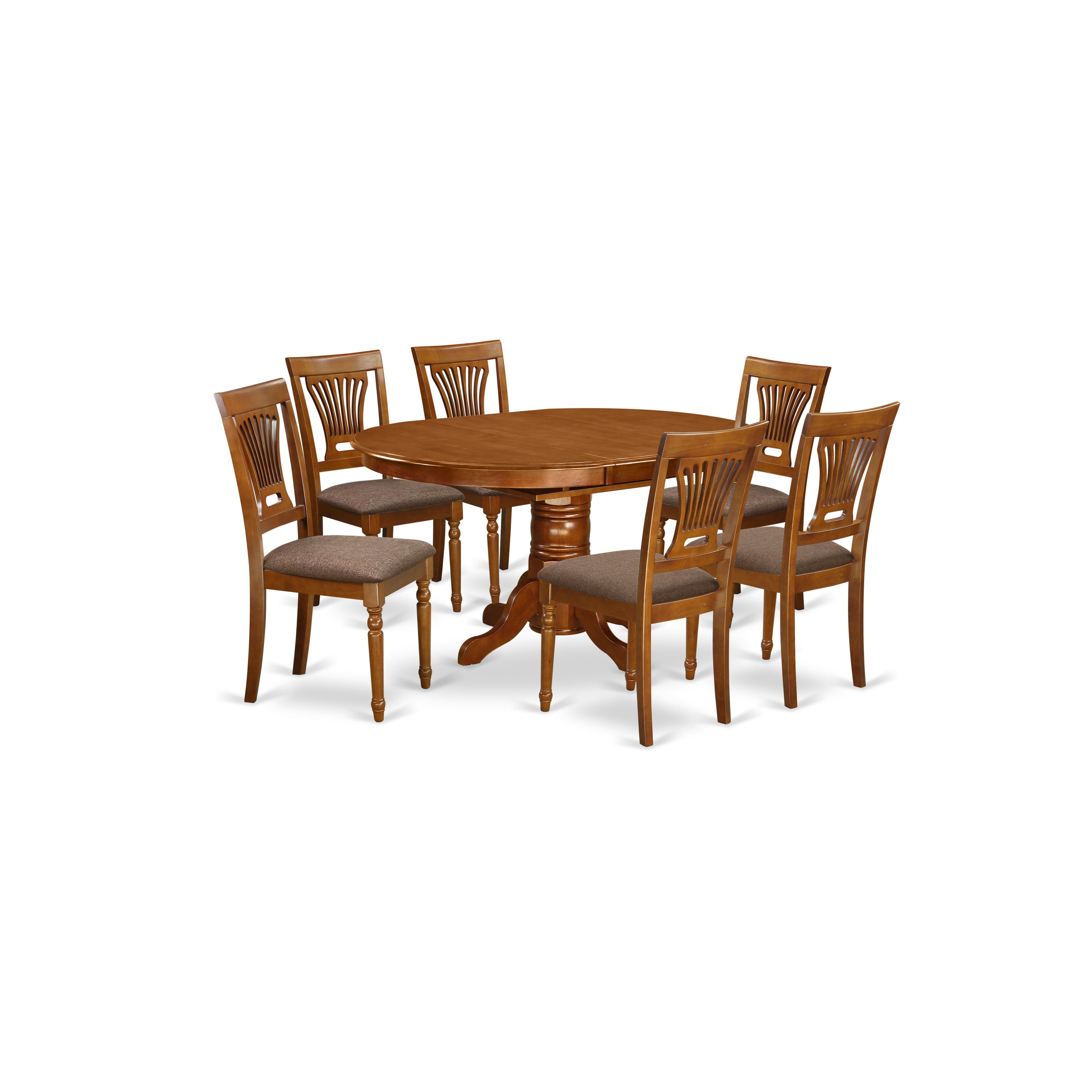 AVPL7-SBR-C 7 PcAvon Dining Table featuring Leaf and 6 Upholstered Seat Chairs in Saddle Brown .