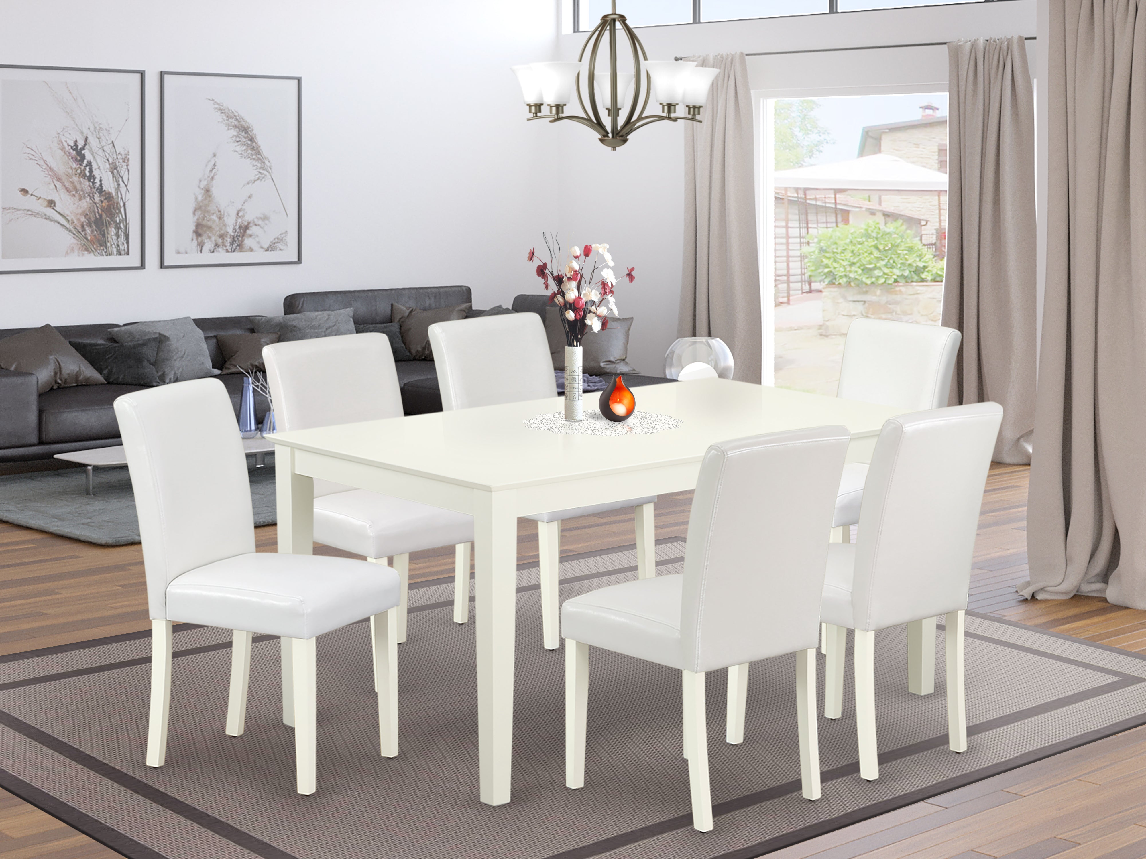 CAAB7-LWH-64 7Pc Rectangle 60" Dining Table And 6 Parson Chair With Linen White Leg And Pu Leather Color White