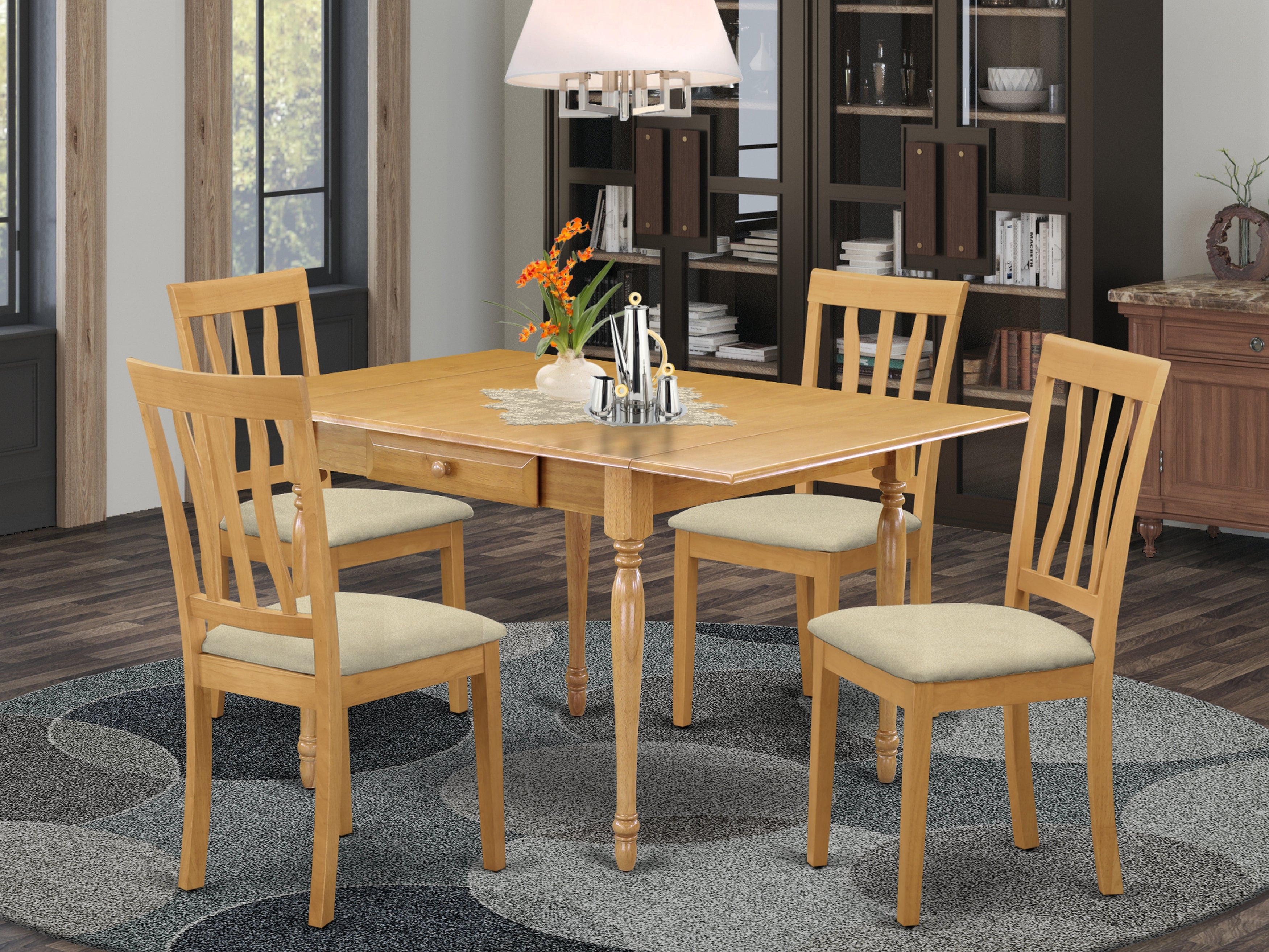 East West Furniture MZAN5-OAK-C 5Pc Kitchen Set for 4 Consists of a Wood Dining Table and 4 Wood Dining Chairs with Microfiber Upholstery Seat, Drop Leaf Table with Slat Back Chairs, Oak Finish