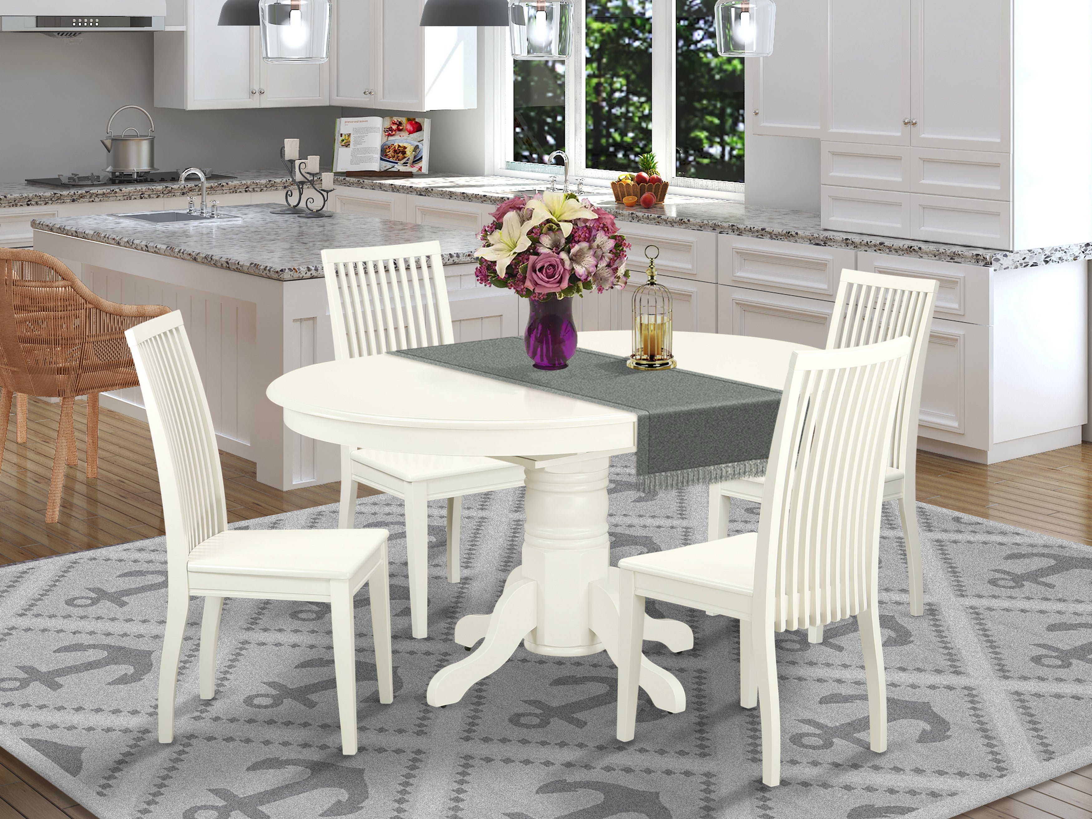 AVIP5-LWH-W 5 Pc Dining set with a Kitchen Table and 4 Wood Seat Kitchen Chairs in Linen White