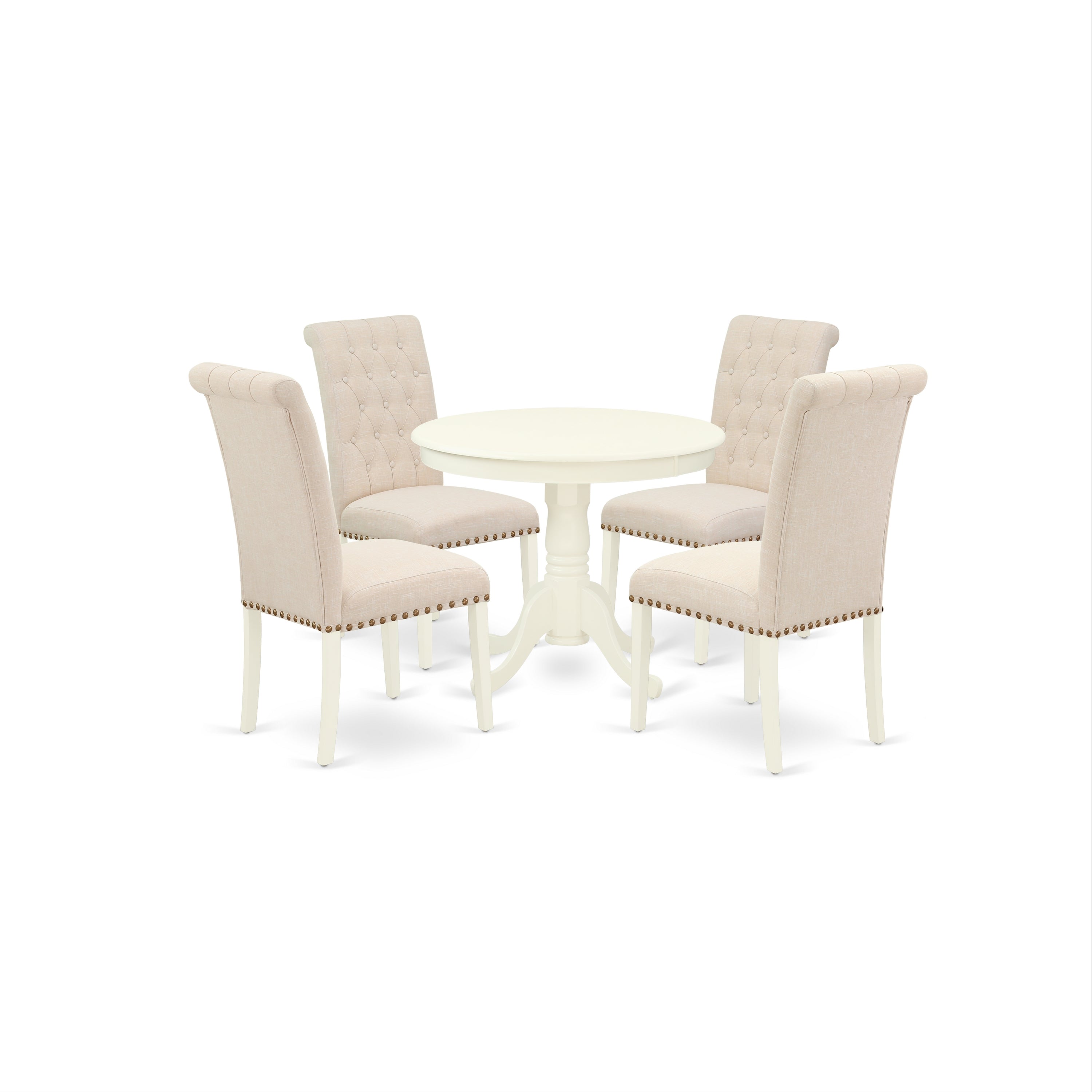 ANBR5-LWH-02 5Pc Dining Set Includes a Small Round Dinette Table and Four Parson Chairs with Light Beige Fabric, Linen White Finish