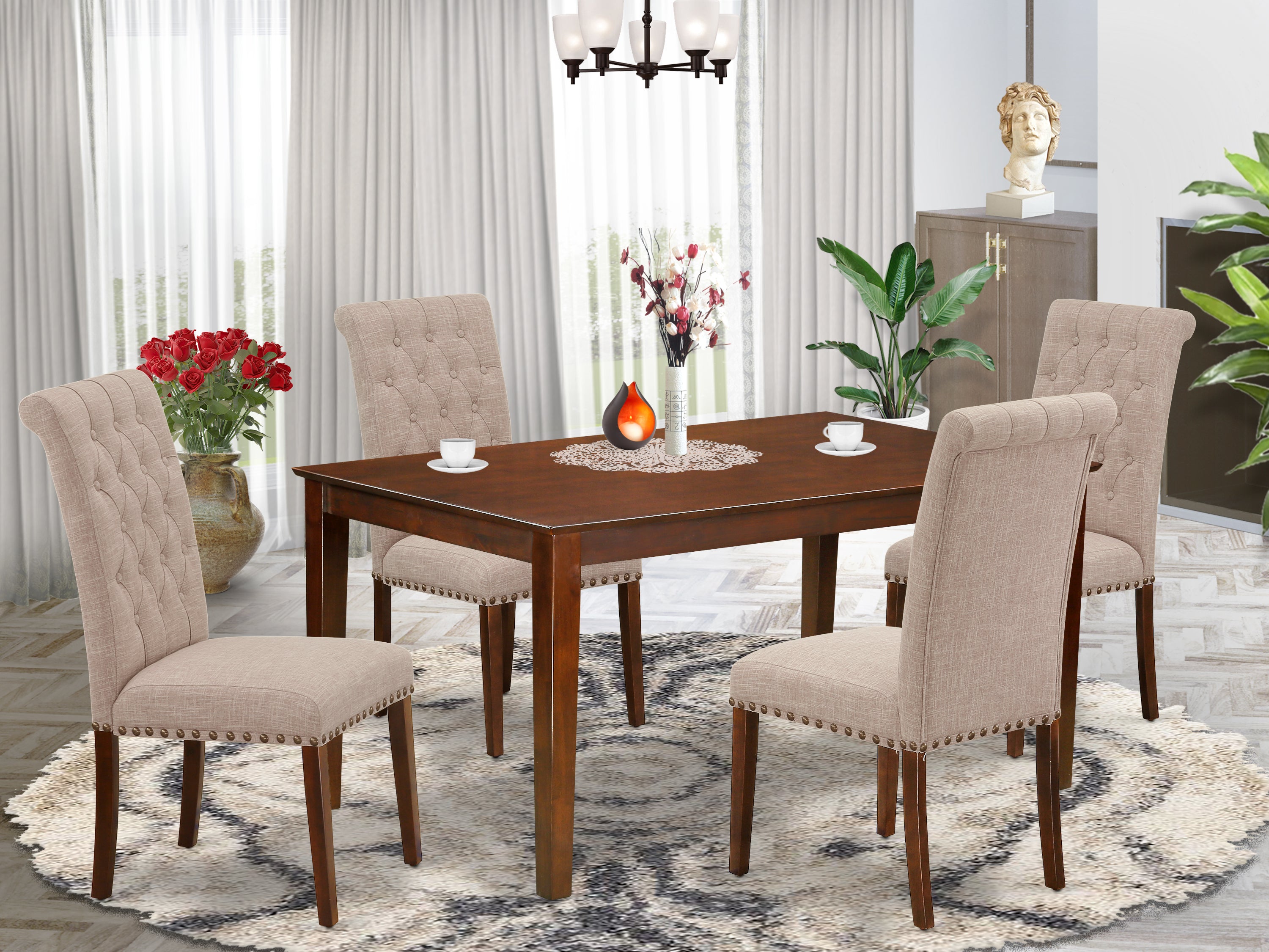 CABR5-MAH-04 5Pc Dining Set Includes a Rectangle Dinette Table and Four Parson Chairs with Light Fawn Fabric, Mahogany Finish