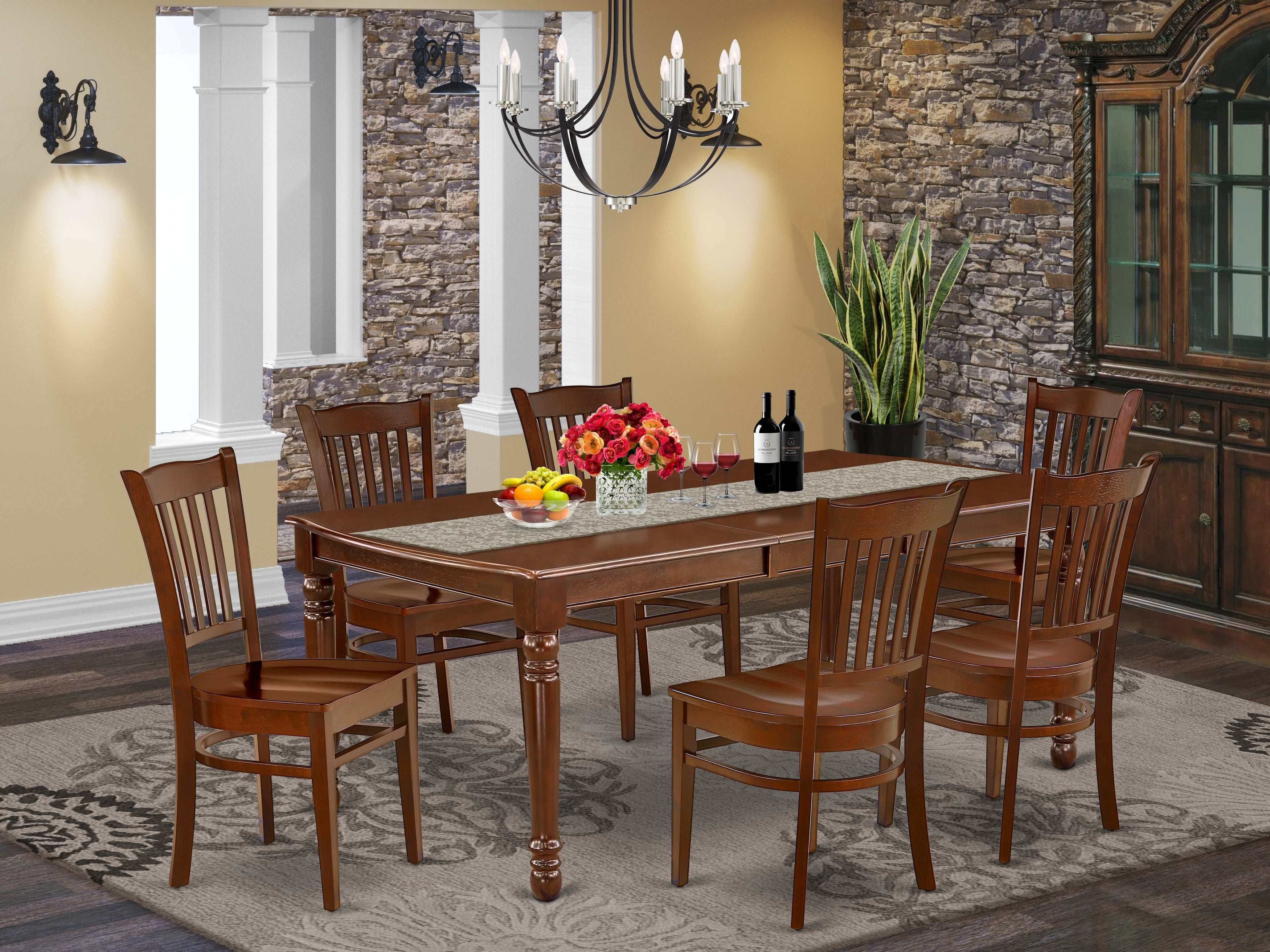 DOGR7-MAH-W 7Pc Rectangular 60/78" Kitchen Table With 18 In Leaf And Six Wood Seat Kitchen Chairs