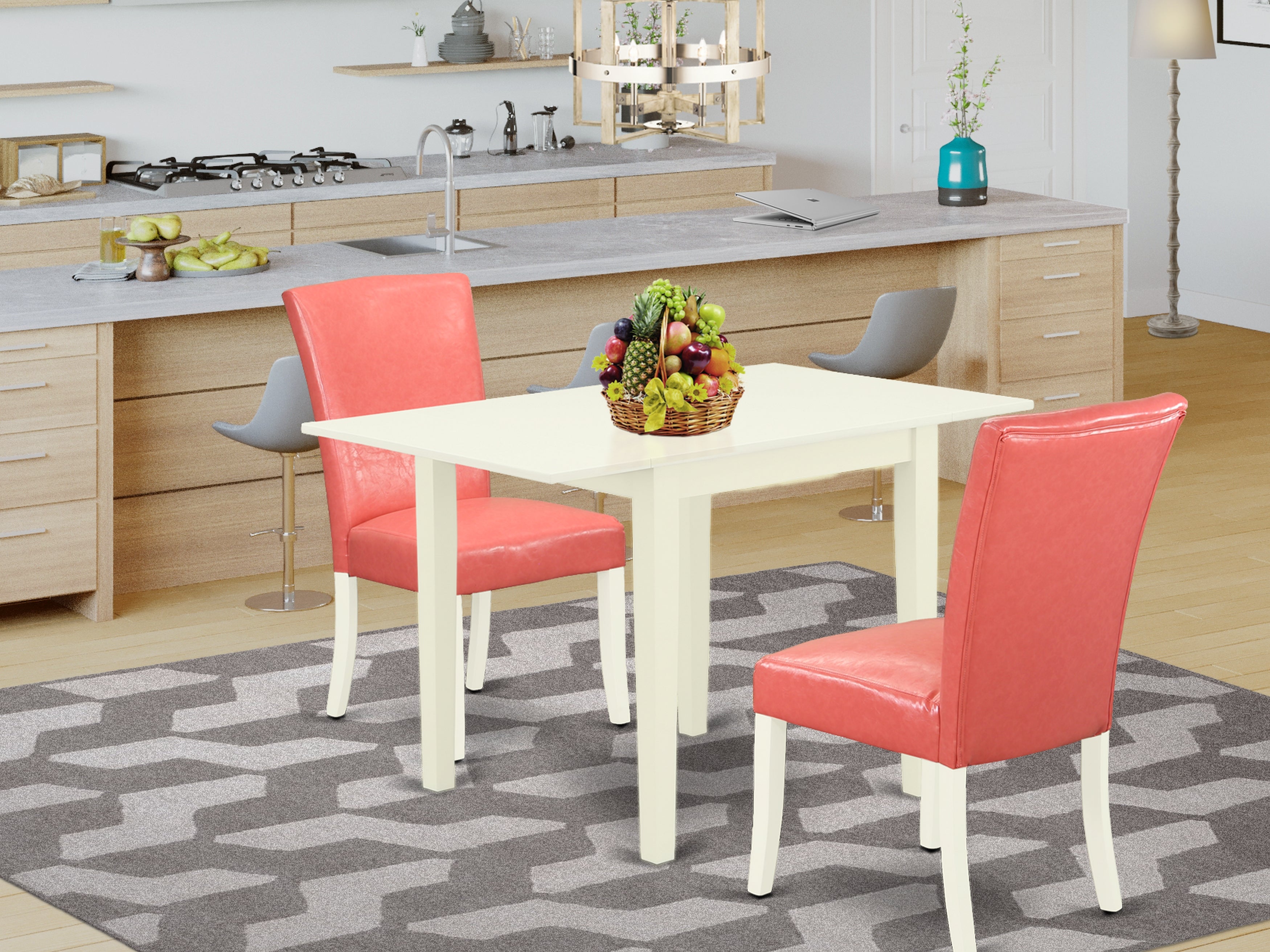 East West Furniture NDAL3-LWH-78 Dining Room Table Set 3 Pc - Two Dining Chairs and a Wood Table - Linen white Finish Wood - Pink flamingo Color Pu Leather