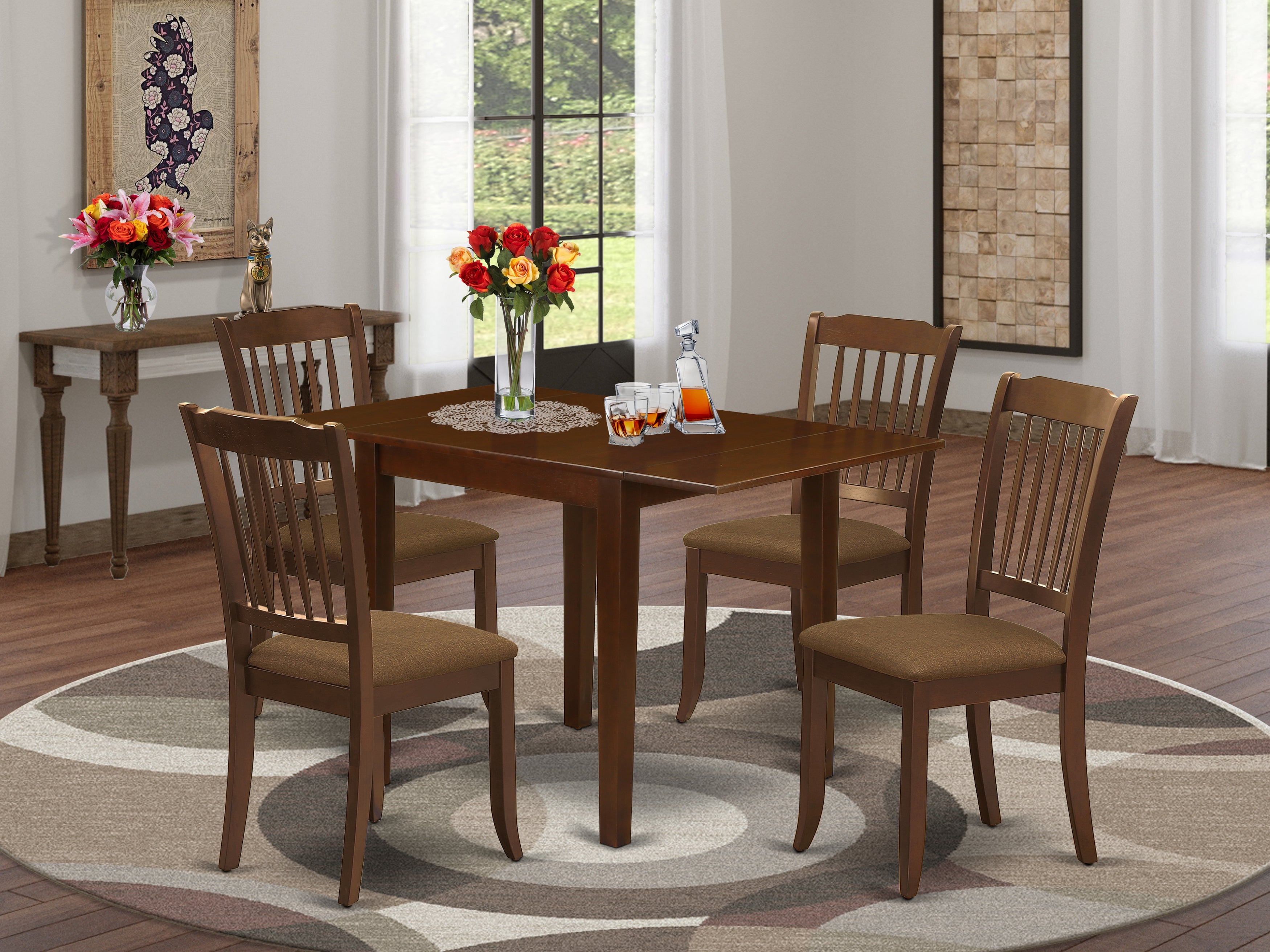 East West Furniture NDDA5-MAH-C Dinette Set for 5- Four Fabulous Wooden Dining Room Chairs - a Fantastic Dining Room Table - Mahogany Color Microfiber - Mahogany Finish Wooden Frame