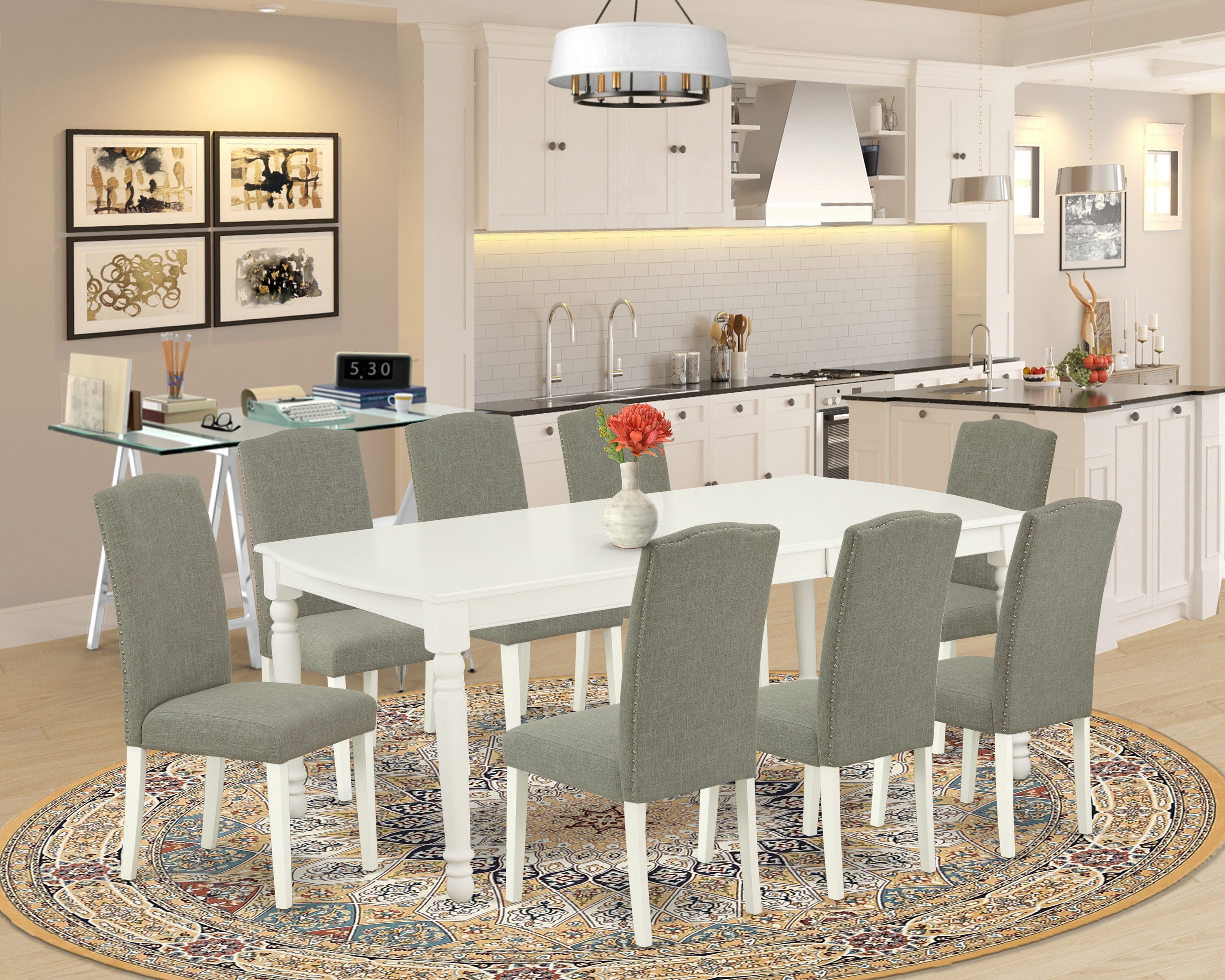 DOEN9-LWH-06 9Pc Rectangle 60/78 Inch Dining Table With 18 In Leaf And 8 Parson Chair With Linen White Leg And Linen Fabric Dark Shitake