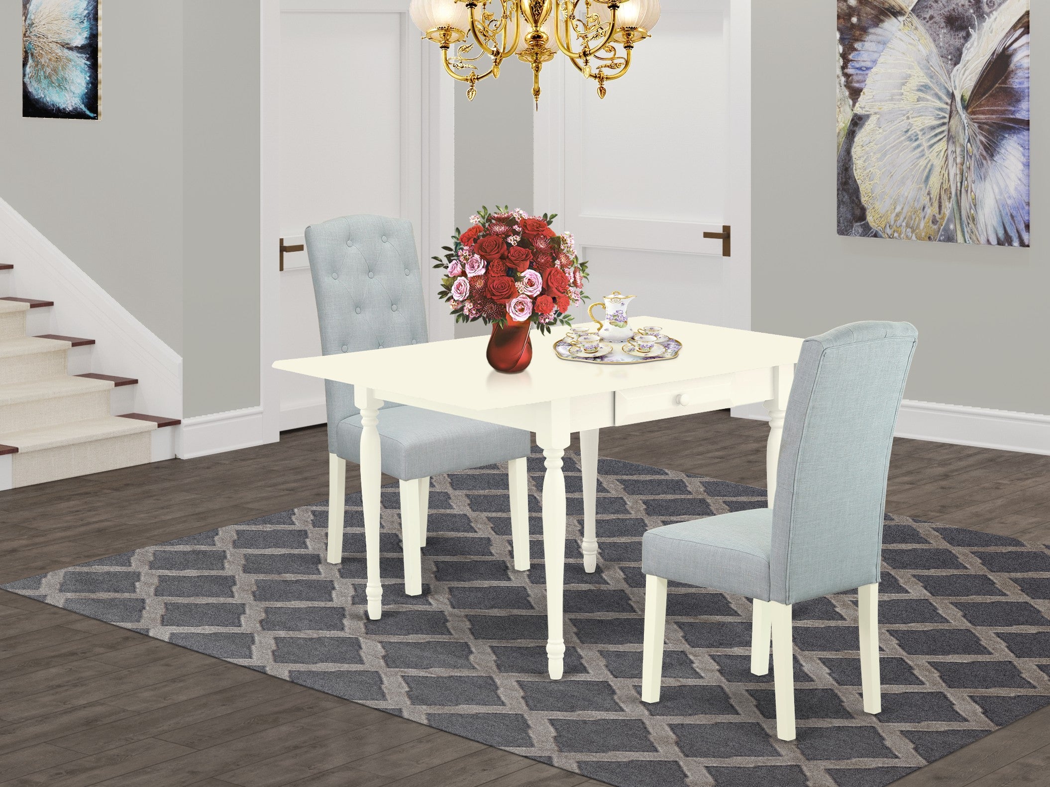 East West Furniture MZCE3-LWH-15 3Pc Dining Table Set Contains a Wood Dining Table and 2 Upholstered Dining Chairs with Baby Blue Color Linen Fabric, Drop Leaf Table with Full Back Chairs, Linen White Finish