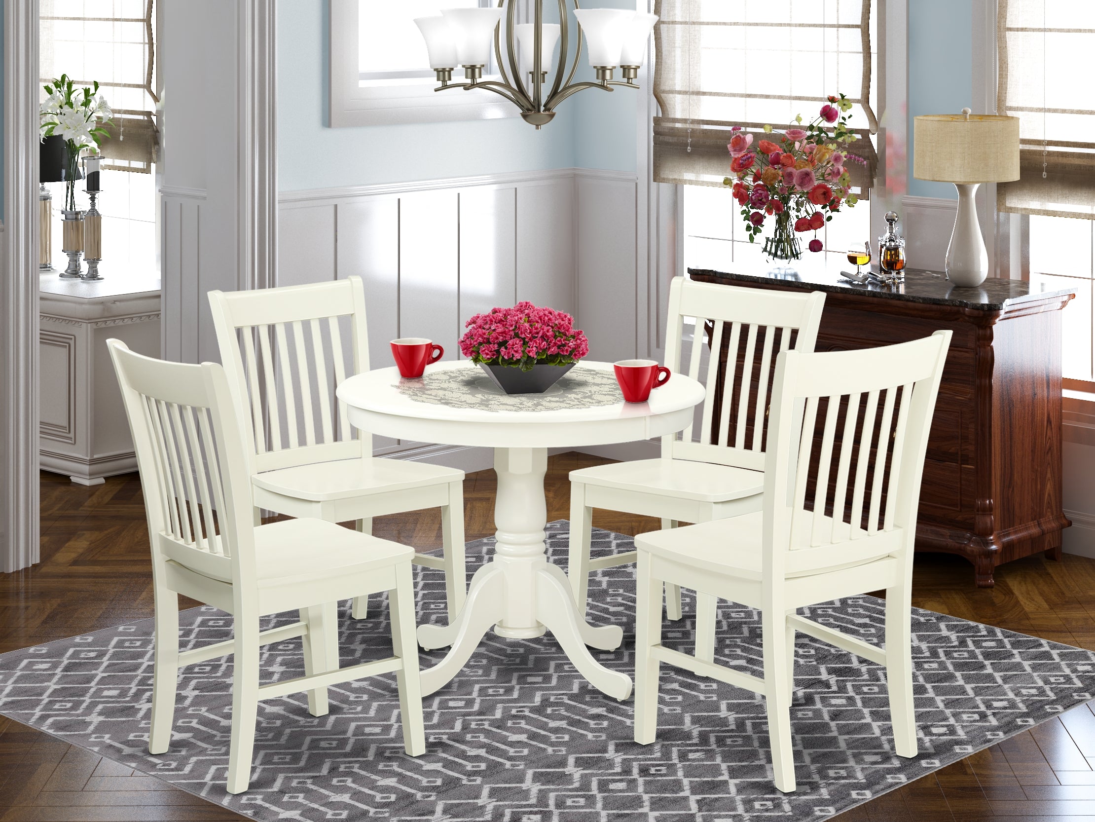 ANNO5-LWH-W 5 Pc Kitchen table set with a Dining Table and 4 Wood Seat Kitchen Chairs in Linen White