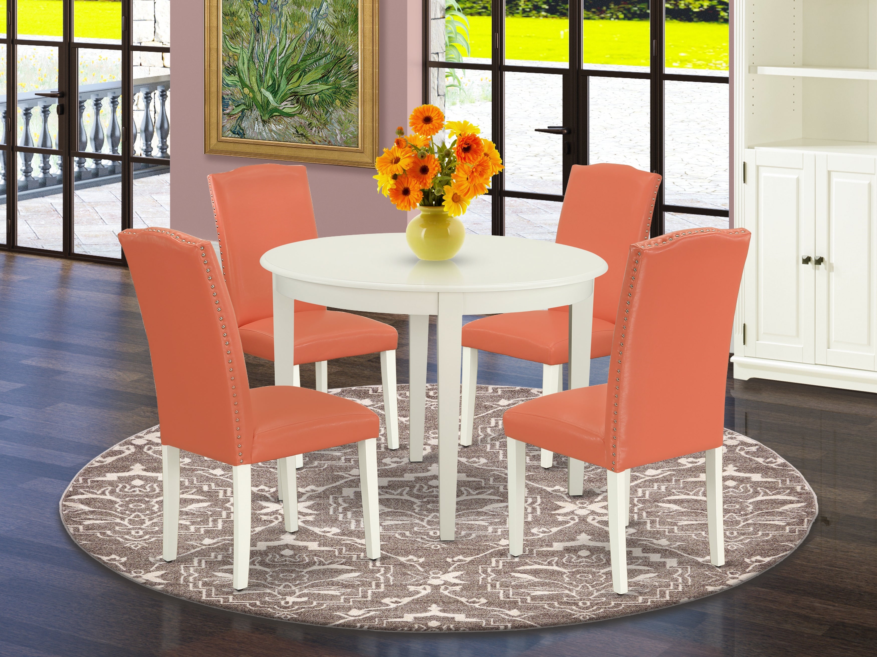 BOEN5-LWH-78 5Pc Round 42" Kitchen Table And Four Parson Chair With Linen White Leg And Pu Leather Color Pink Flamingo