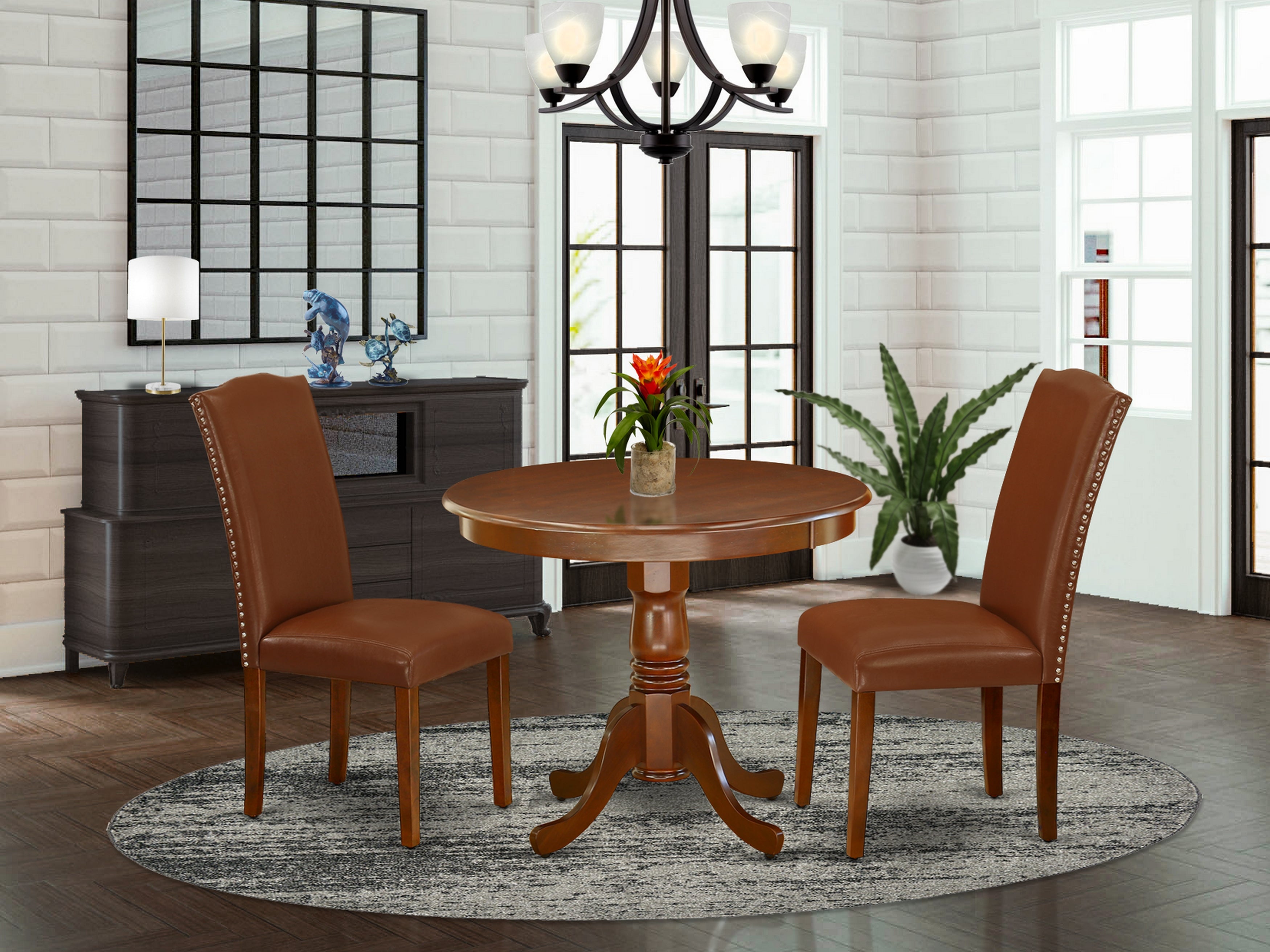 ANEN3-MAH-66 3Pc Rounded 36 Inch Dining Table And 2 Parson Chair With Mahogany Leg And Brown Flaux Leather