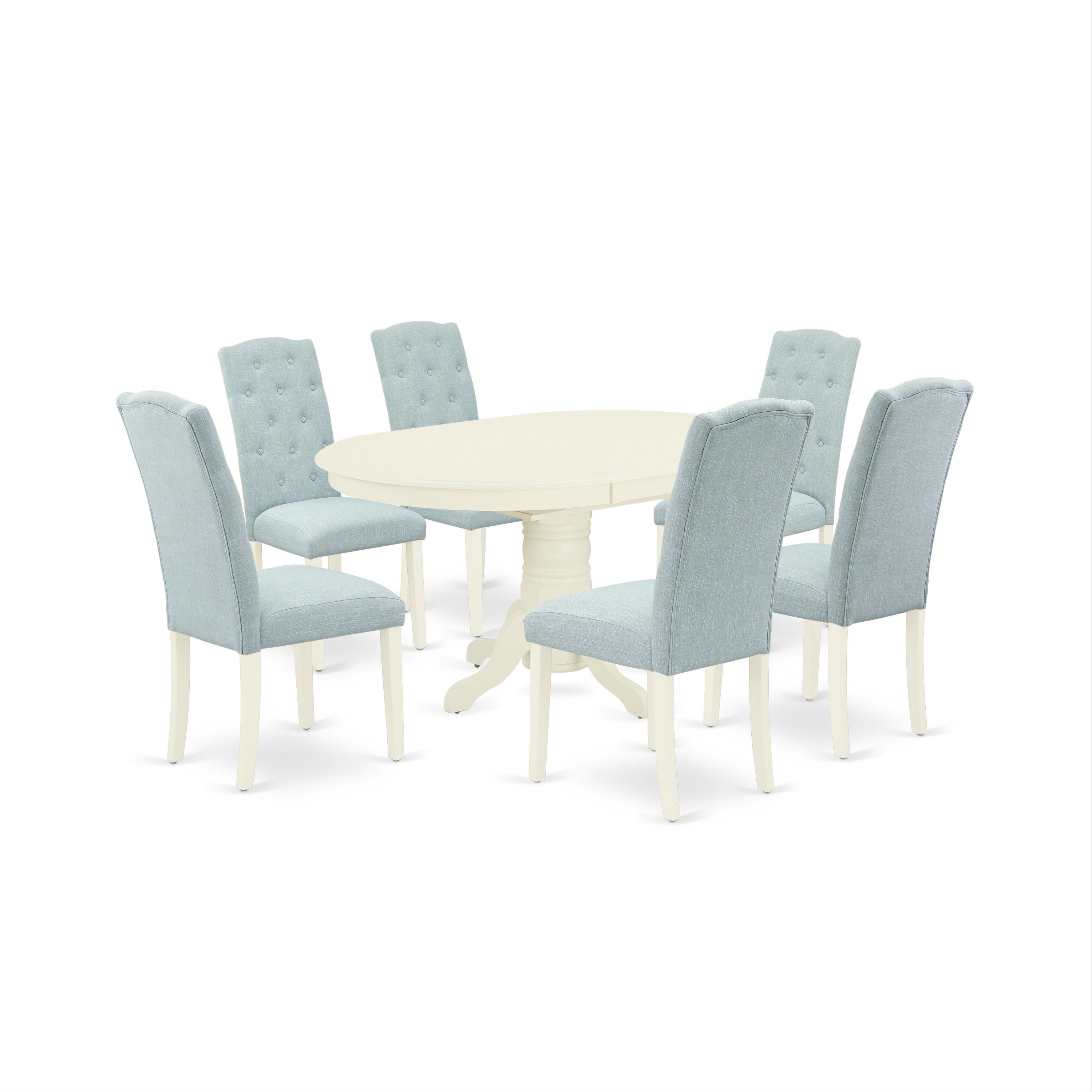 AVCE7-LWH-15 7Pc Dinette Set Includes an Oval Kitchen Table with Butterfly Leaf and Six Parson Chairs with Baby Blue Fabric, Linen White Finish