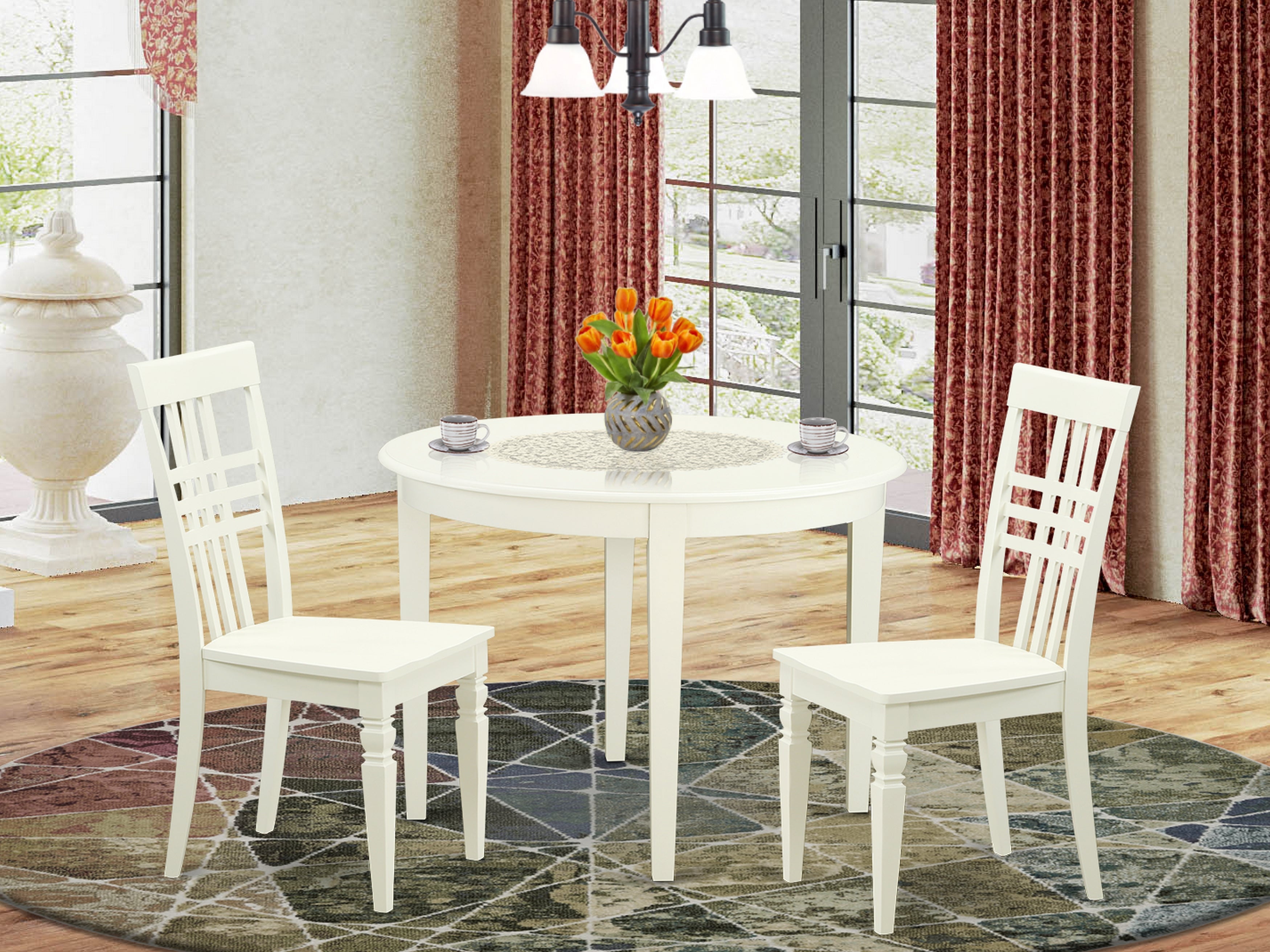 BOLG3-LWH-W 3 PC small Kitchen Table set with a Boston Dining Table and 2 Kitchen Chairs in Linen White