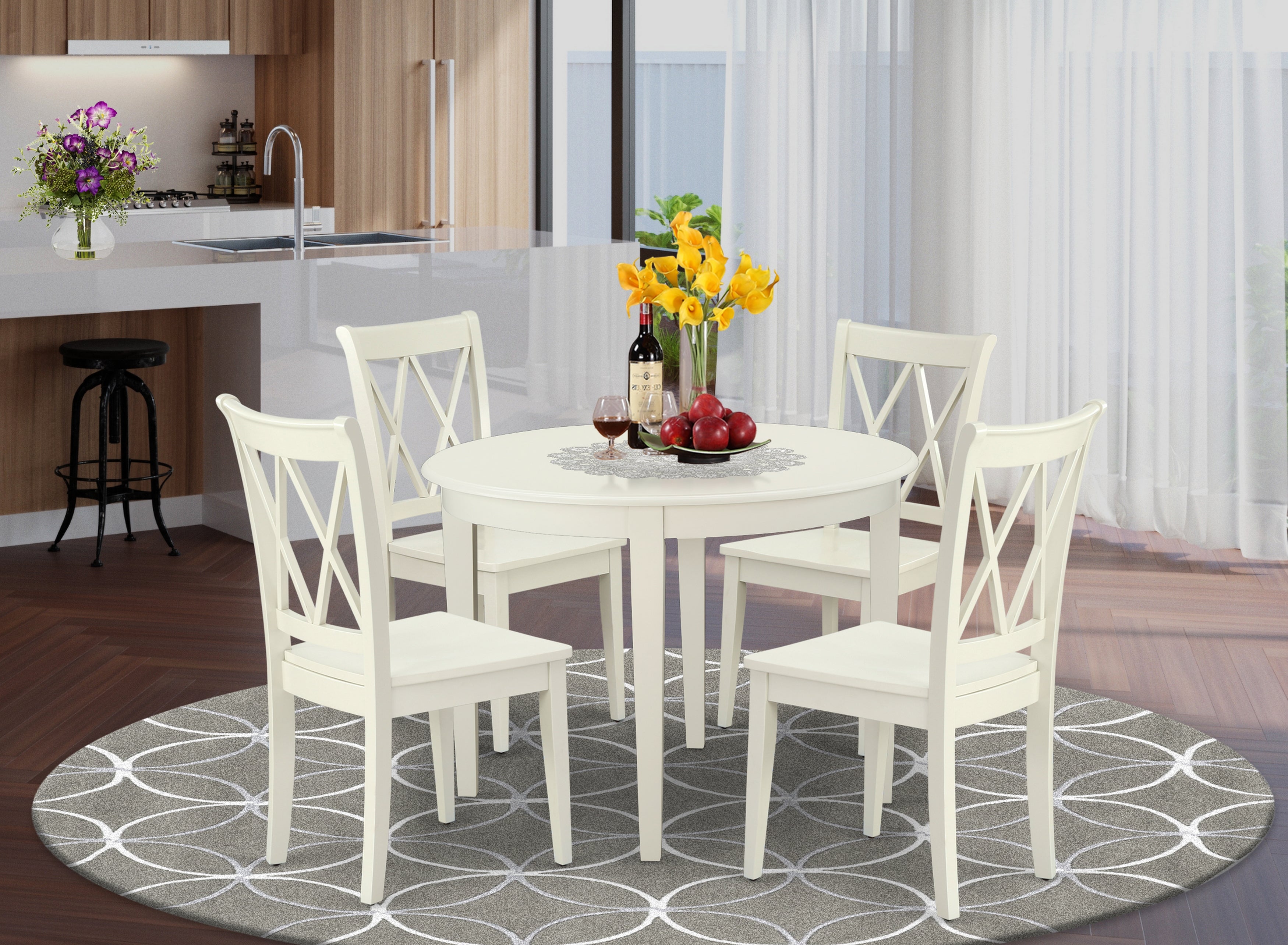 BOCL5-LWH-W 5PC Round 42 inch Table and 4 Double X back Chairs