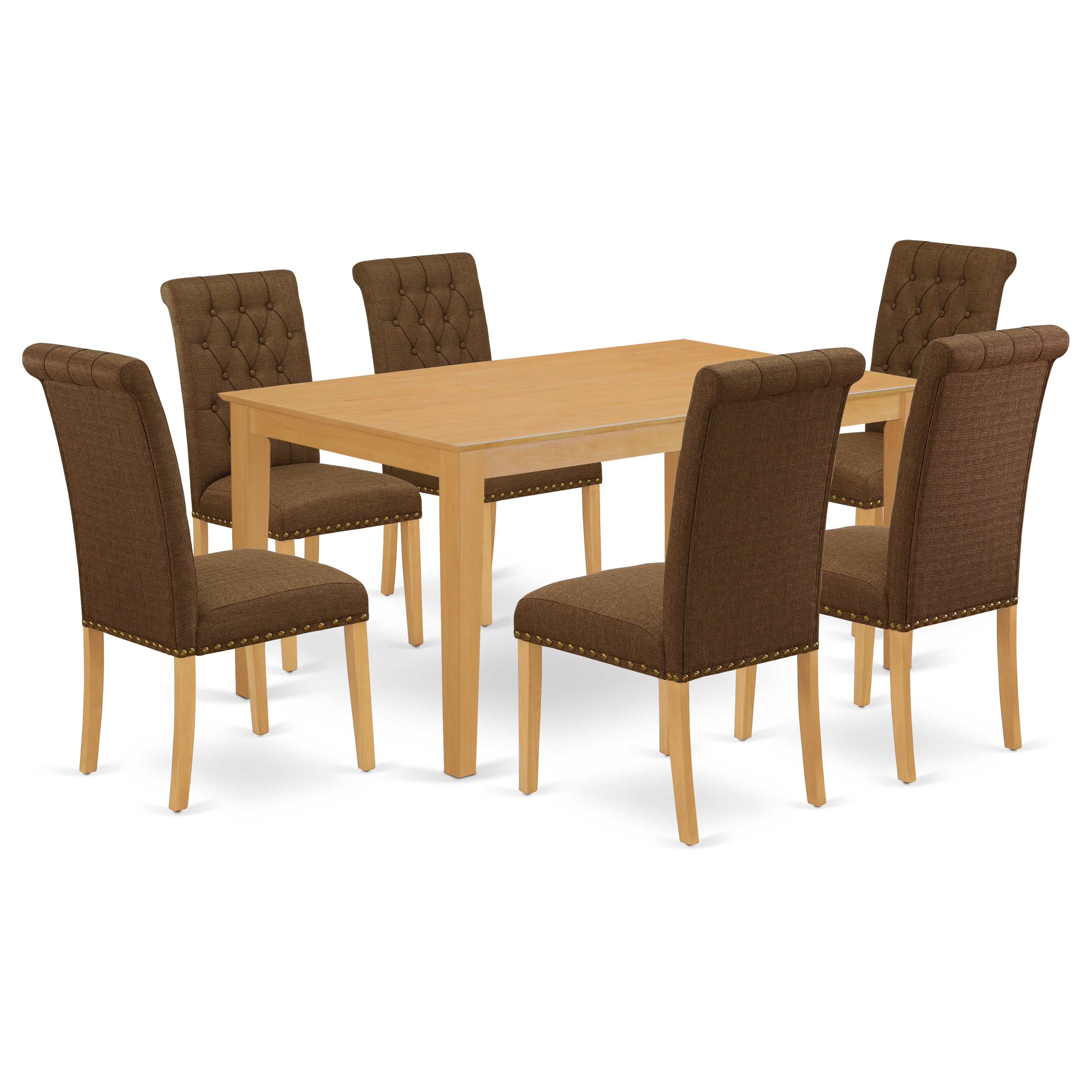 CABR7-OAK-18 7Pc Dinette Set Includes a Rectangular Kitchen Table and Six Parson Chairs with Dark Coffee Fabric, Oak Finish