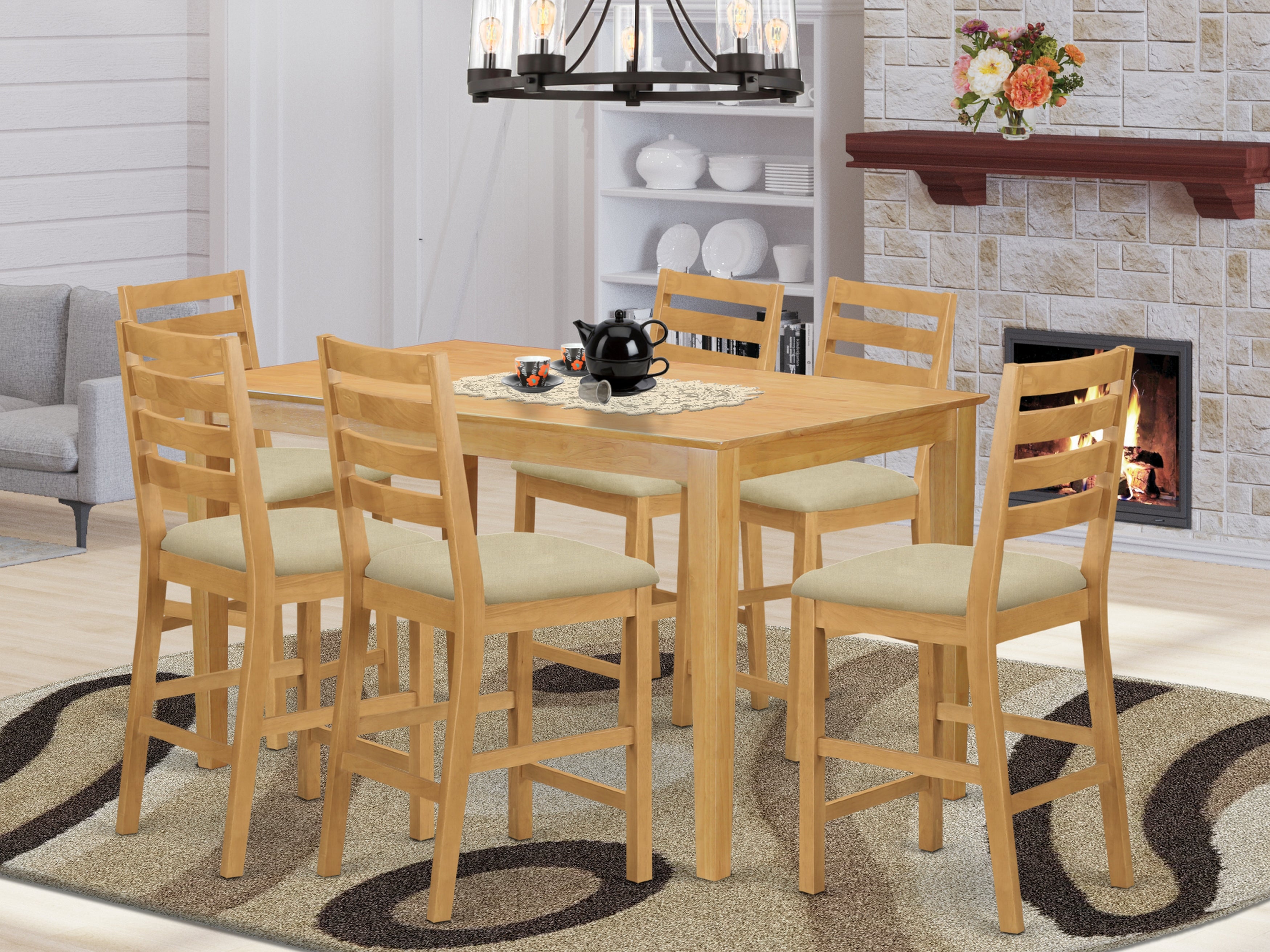 CACF7H-OAK-C 7 Pc counter height set-pub Table and 6 bar stools with backs